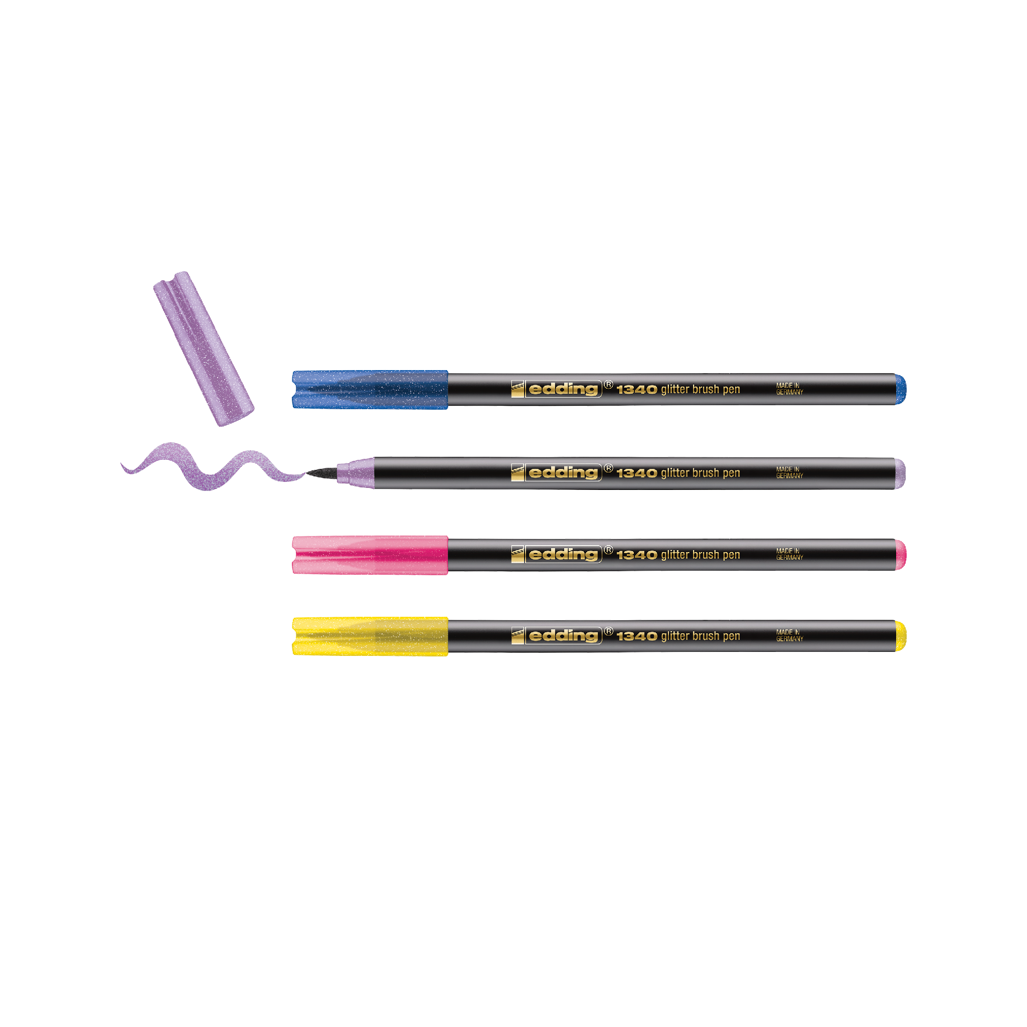 Eine Packung mit vier edding 1340 glitzer Pinselstiften in leuchtenden Farben, mit flexibler Pinselspitze für variable Strichbreite, ideal für Handlettering und kreative Kunstwerke.