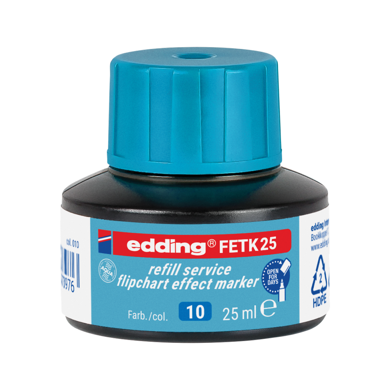 Die edding FETK 25 Nachfülltinte für Flipchart-Effektmarker befindet sich in einer runden schwarzen Tintenflasche mit blauer Kappe und Etikett. Sie fasst 25 ml, enthält Recyclinginformationen und ist mit edding 385 kompatibel, sodass das Nachfüllen ganz einfach ist.