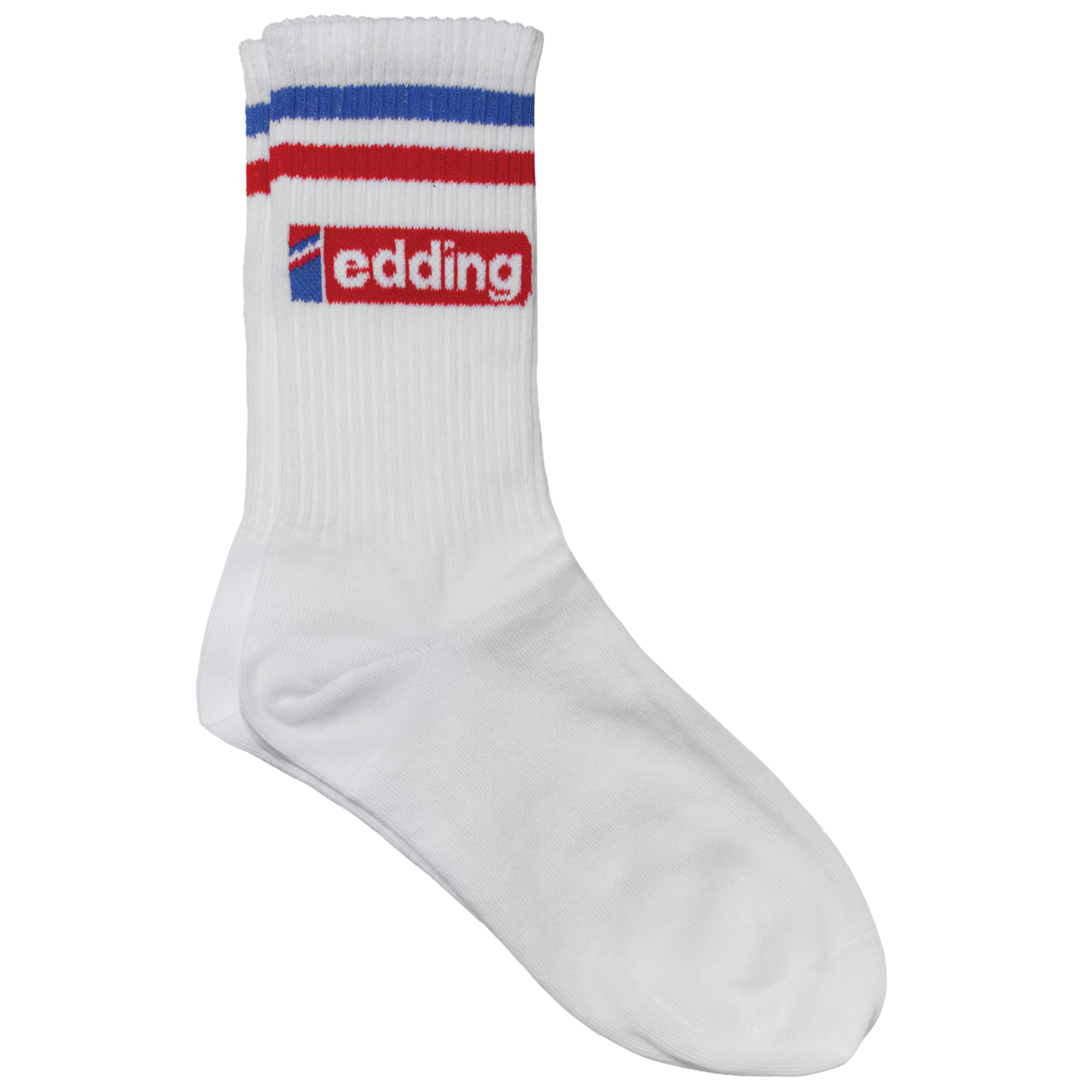 Einzelne weiße edding Tennissocken mit roten, weißen und blauen Streifen am oberen Rand. Diese Unisex-Socke trägt das Wort „edding“ in Rot in einem rechteckigen rot-blauen Logo. Hergestellt in Deutschland für erstklassige Qualität und Komfort.