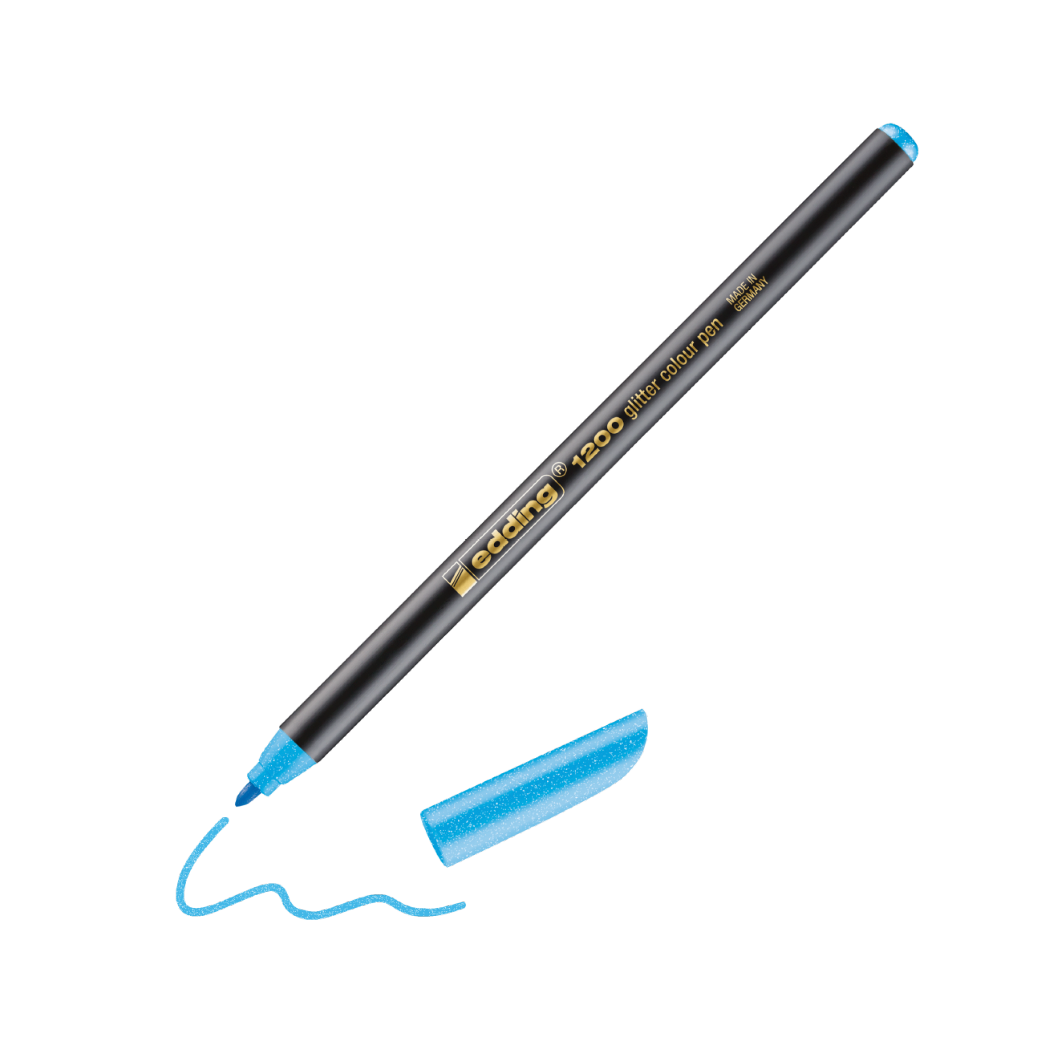 Ein schwarzer edding 1200 Glitzer Fasermaler mit entfernter blauer Kappe, der mit blauer Tinte eine verschnörkelte Linie auf weißem Hintergrund zeichnet und so den Kreativprozess unterstreicht.