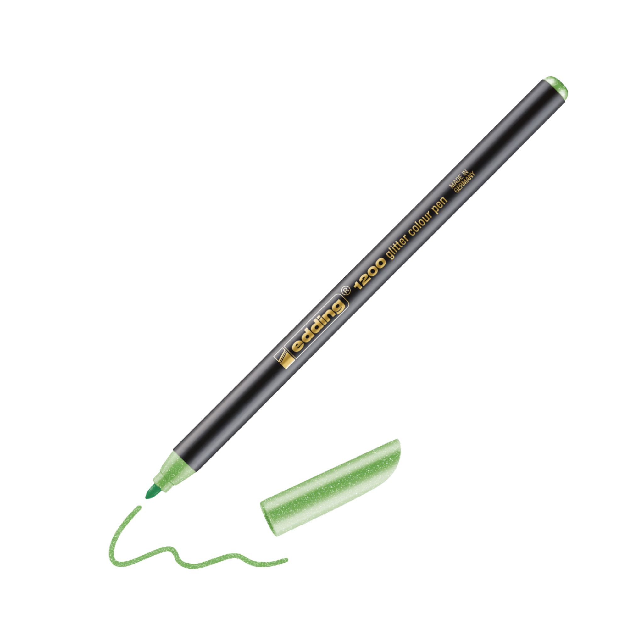 Eine realistische digitale Illustration eines schwarzen edding 1200 Glitzer Fasermalers mit grüner Kappe, der eine wellenförmige grüne Linie auf weißem Hintergrund schreibt. Der Marker trägt die Aufschrift „Copic Sketch 7000 Bright“.