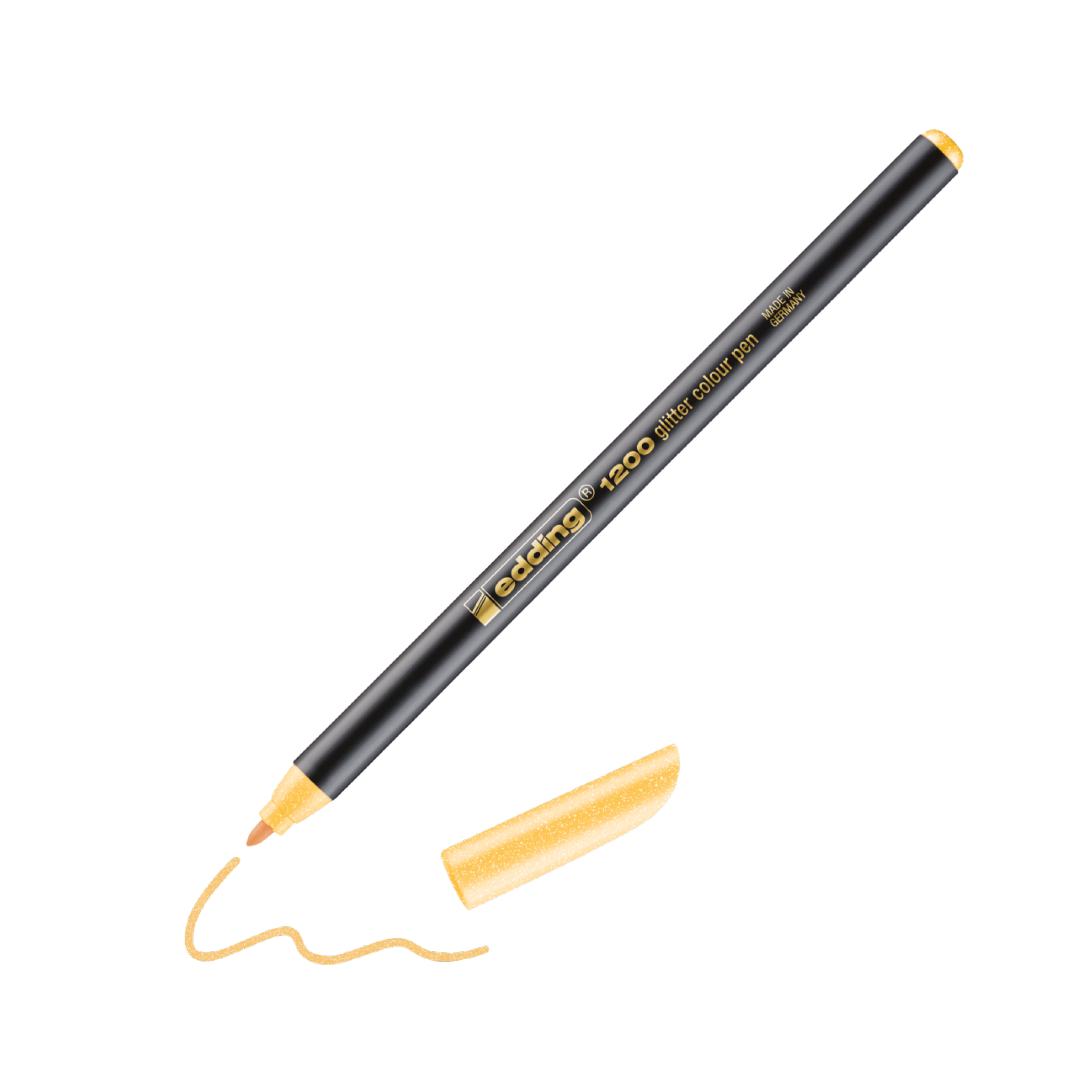 Eine realistische Grafik eines schwarz-goldenen edding-Kalligrafiestifts ohne Kappe. Der Stift ist diagonal abgewinkelt und eine orangefarbene edding 1200 Glitter Fasermaler-Linie veranschaulicht seine Verwendung.