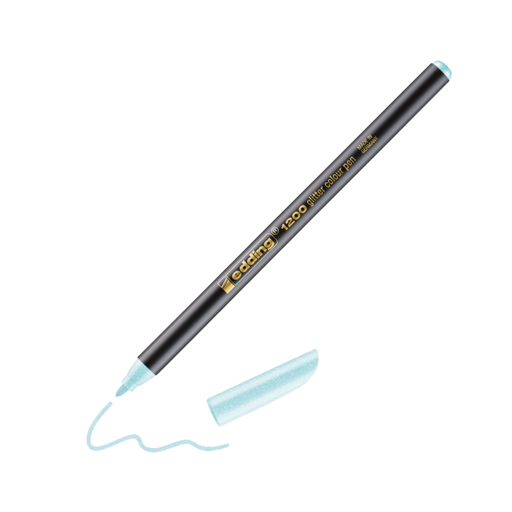 Ein schwarzer edding 1200 Glitzer Fasermaler mit abgenommener hellblauer Kappe, der eine Schlangenlinie auf weißem Untergrund zeichnet. Der Stift trägt die Aufschrift „0,8 Glitzergel“.