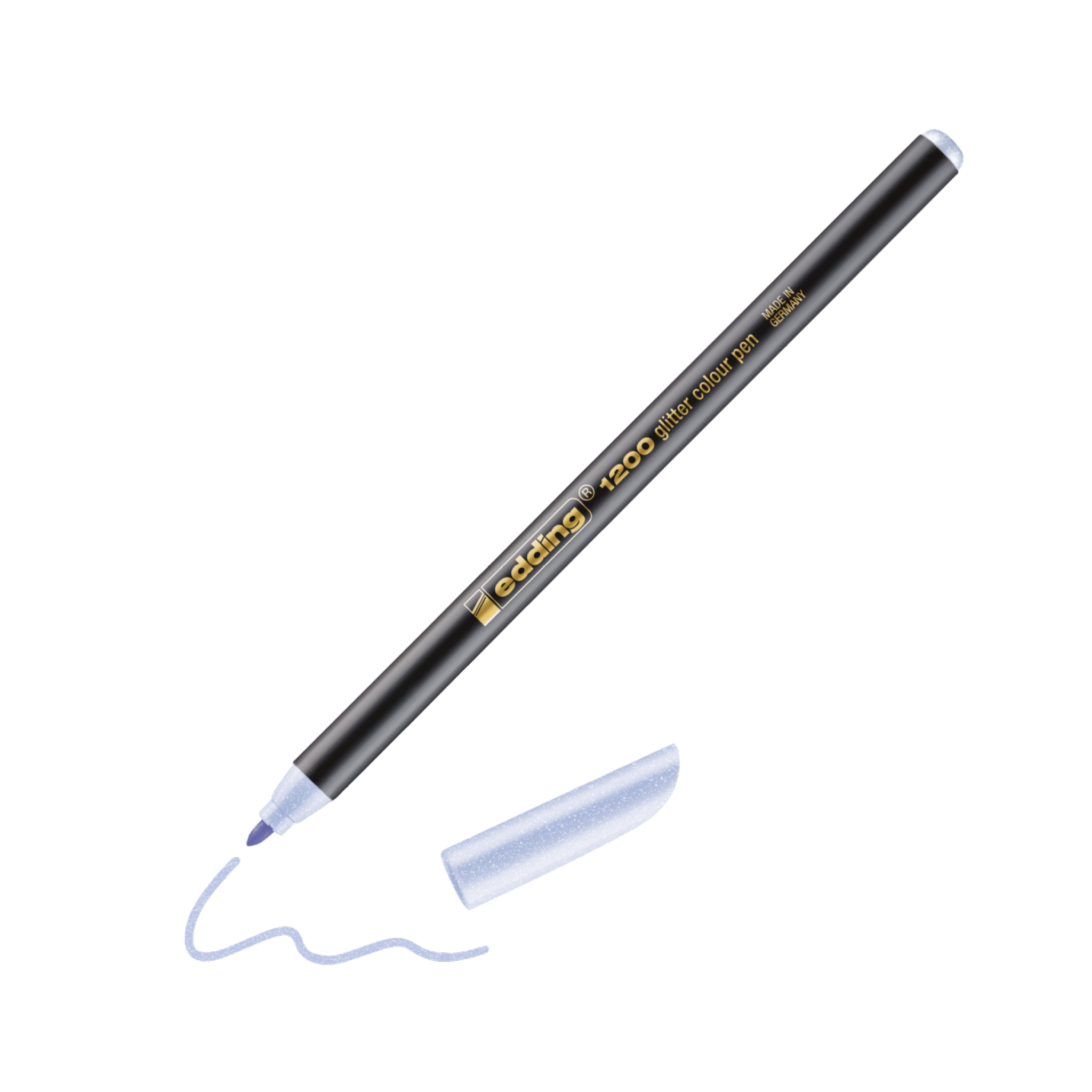 Eine digitale Illustration eines schwarzen, glatten Edding 1200 Glitzer Fasermalers mit feiner Spitze und silbernen Akzenten und der Aufschrift "Copic Zeichenstift". Die Kappe ist abgenommen und liegt neben dem Stift, mit einem Squig