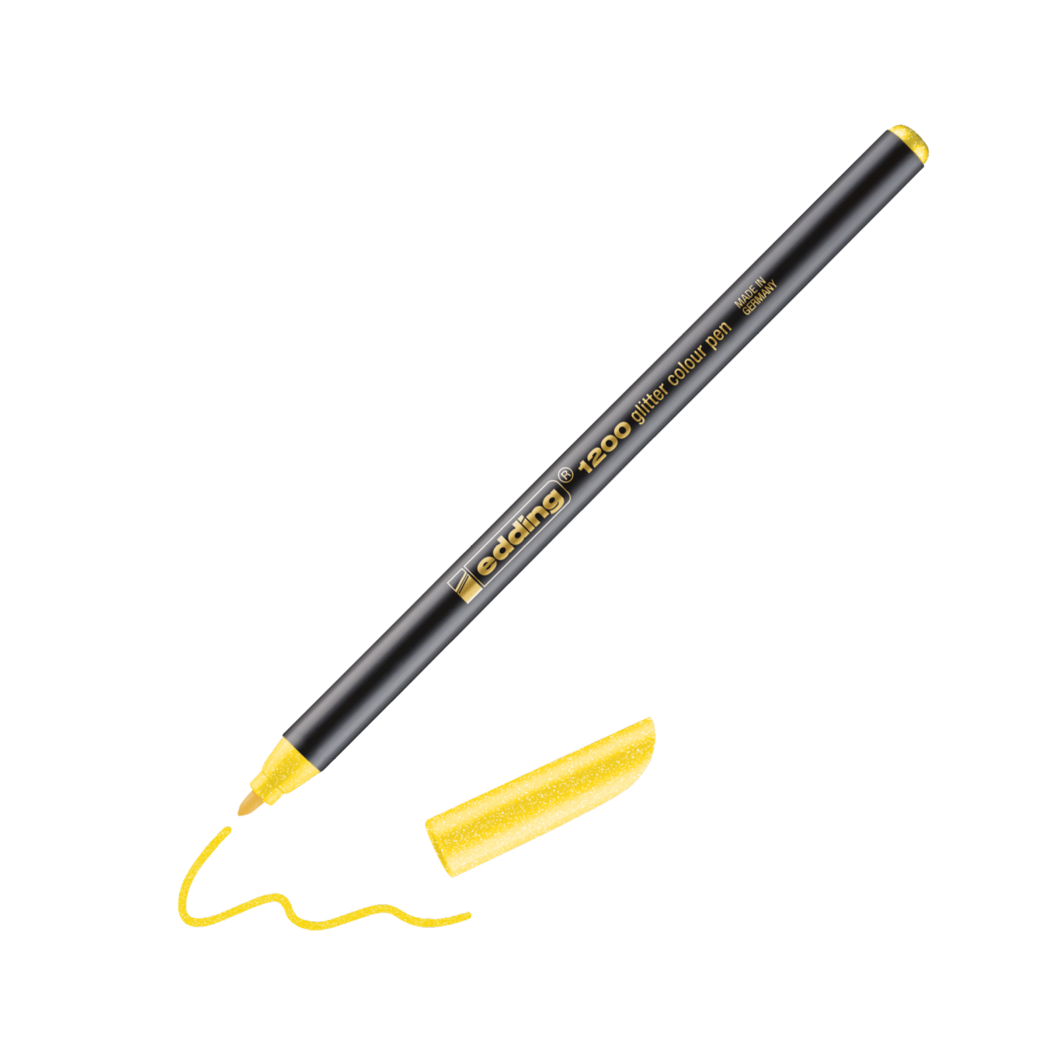 Ein schwarz-goldener edding 1200 Glitzer Fasermaler ohne Kappe, der eine wellenförmige gelbe Linie auf weißem Hintergrund zeichnet. Der Text auf dem Stift lautet „Gelly Roll 08“, perfekt zum Aufwerten jedes K