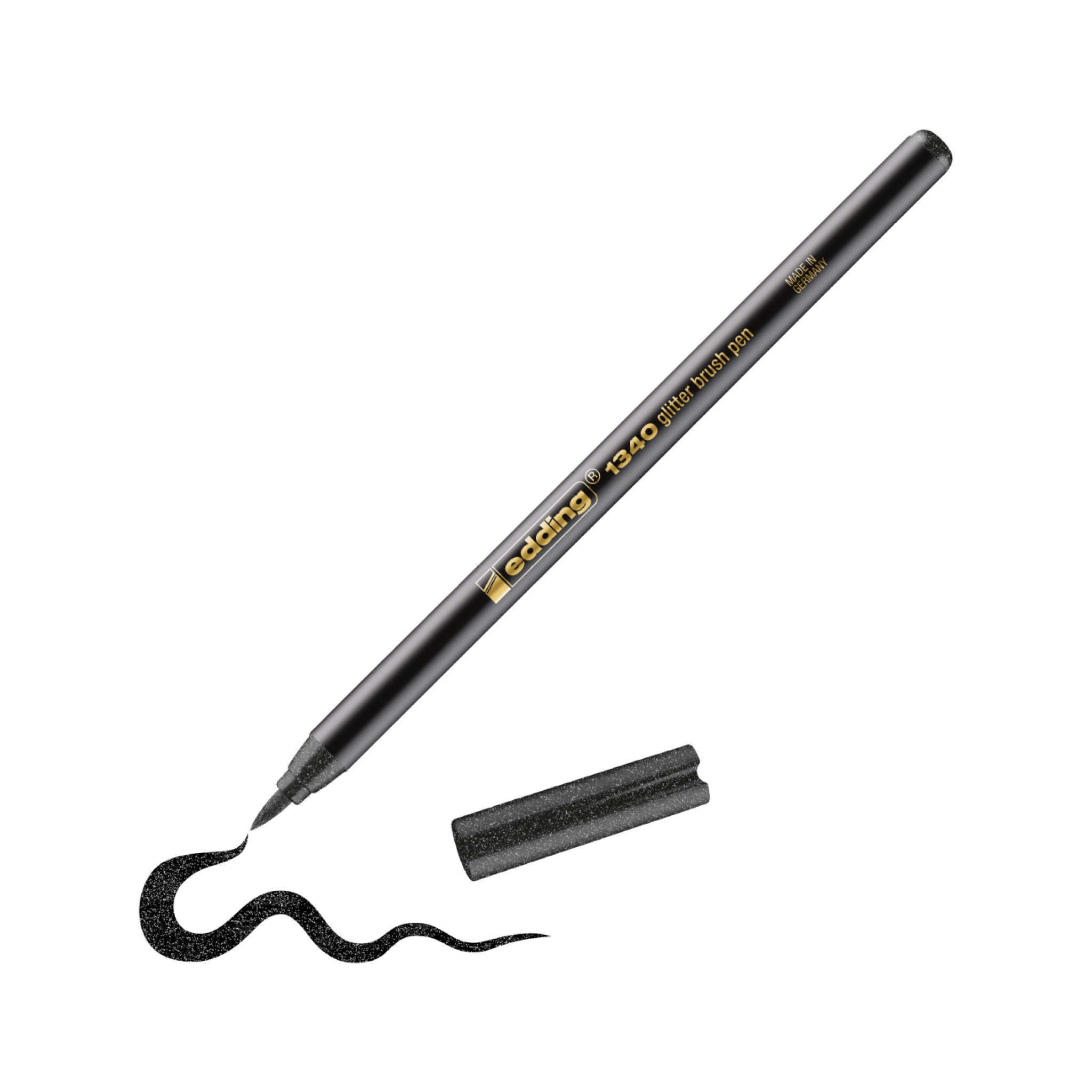 Ein schwarzer Glitzer-Pinselstift edding 1340 mit abgenommener Kappe, der eine Wellenlinie auf weißem Untergrund zeichnet. Der Stift trägt die Aufschrift „Precision 2.0 Graphic Liner for Handlettering“.