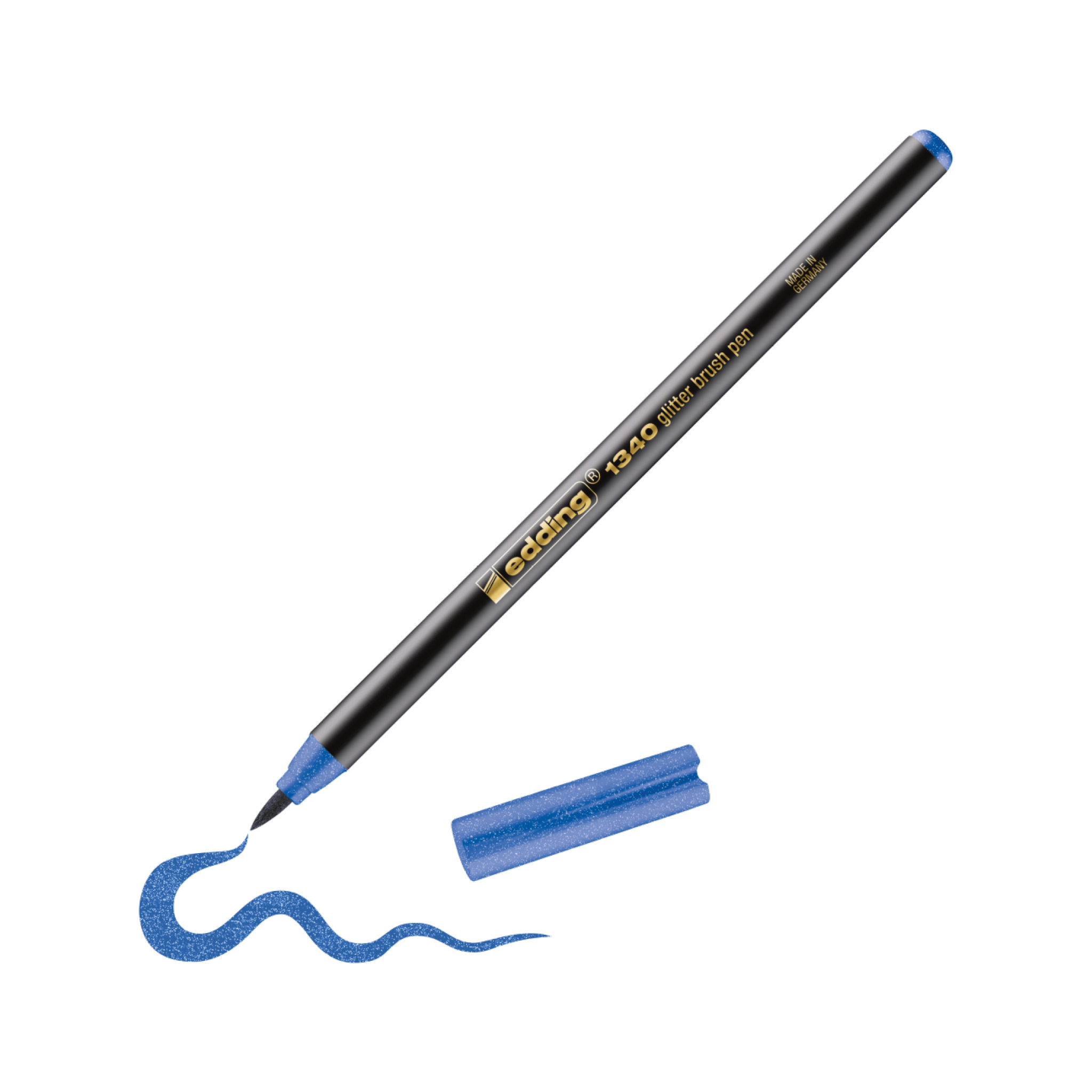 Ein blauer edding 1340 Glitzer-Pinselstift, geeignet für Handlettering, zeichnet eine Wellenlinie auf einen weißen Hintergrund, daneben liegt ein einzelnes Stück Mine.