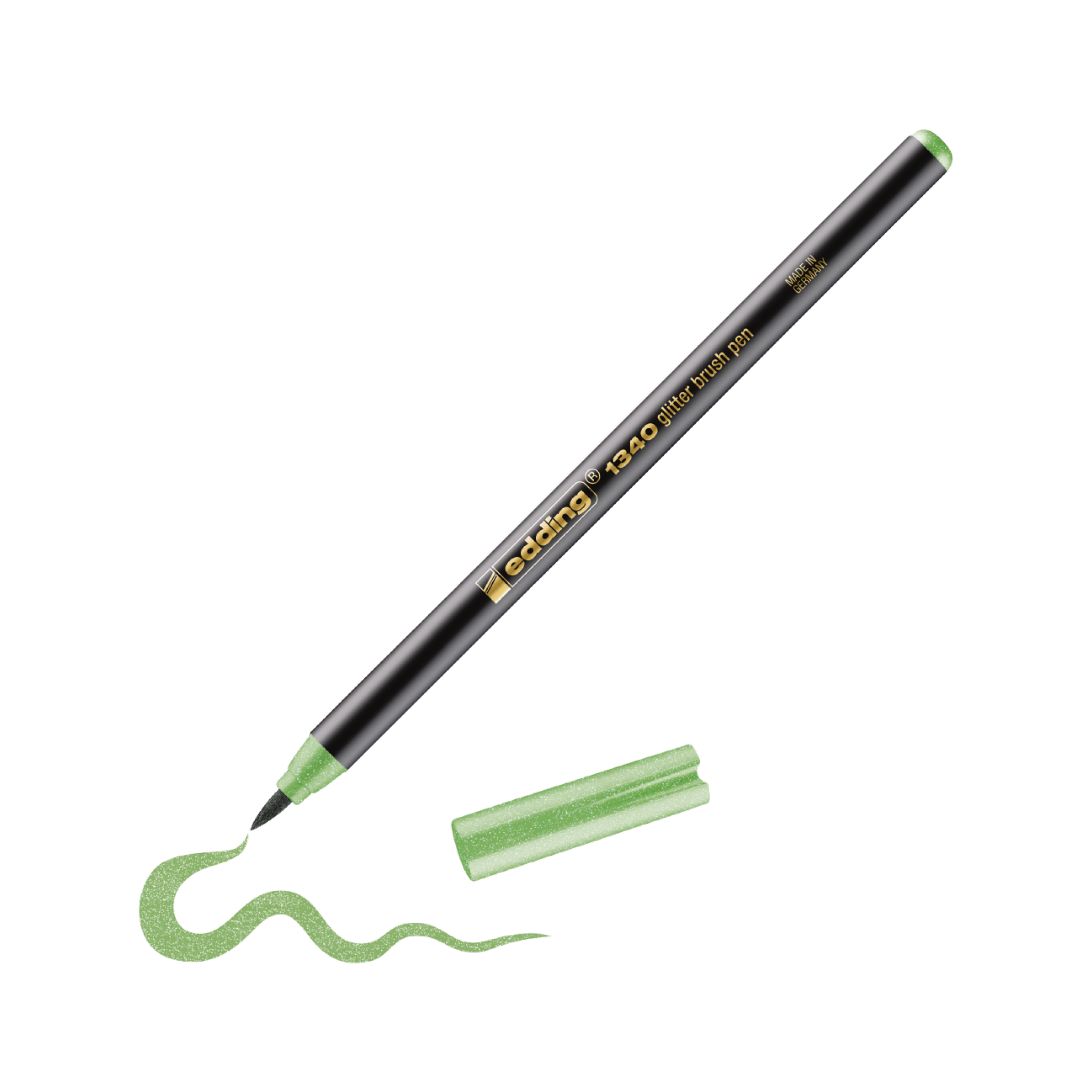 Ein grün-metallicfarbener Edding-Gelstift mit feiner Spitze, diagonal positioniert, der eine verschnörkelte Linie handschriftlich schreibt. Daneben befindet sich die Kappe des Stifts. Der Schaft des Stifts hat einen gelben Text.