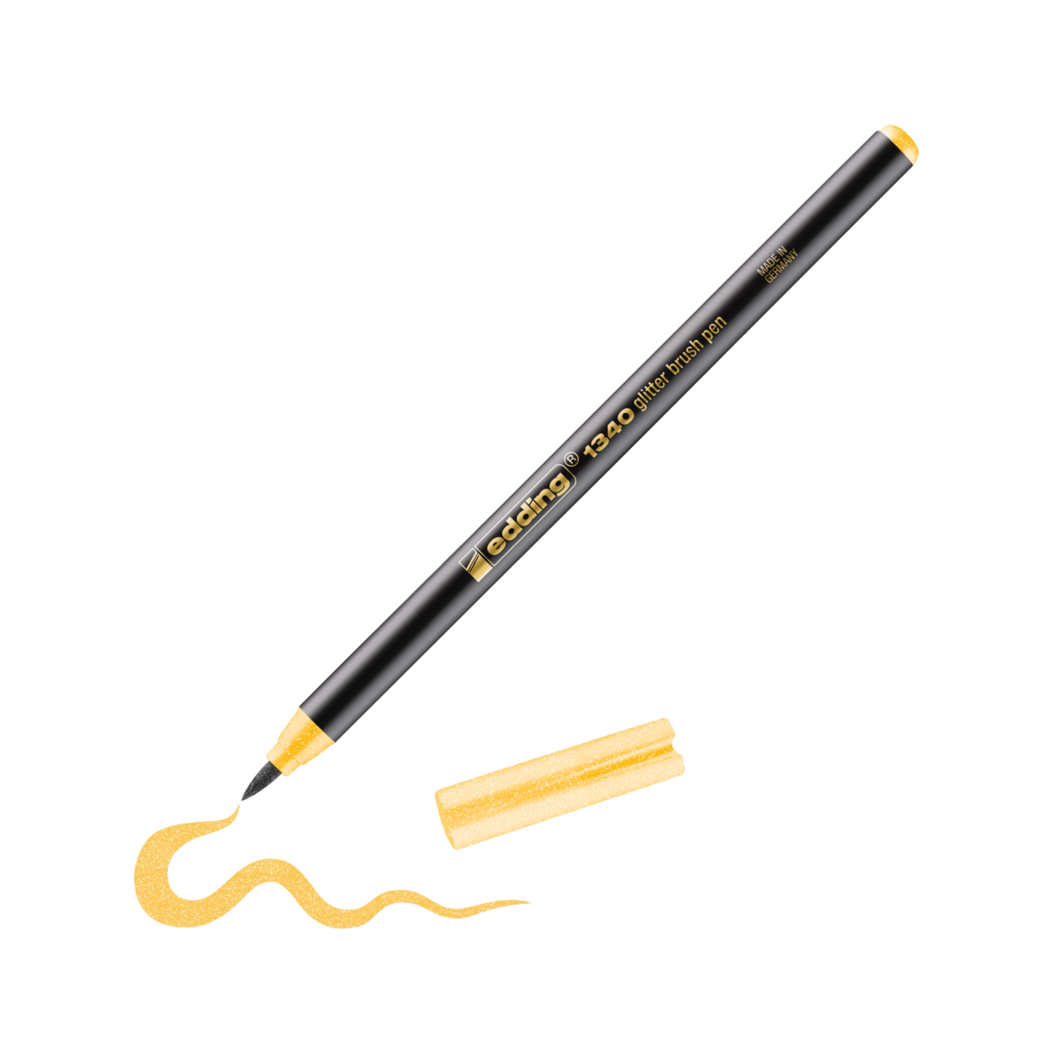 Ein schwarz-goldfarbener edding 1340 Glitzer-Pinselstift zeichnet eine wellenförmige gelbe Linie auf einen weißen Hintergrund, mit einer kleinen abgebrochenen Spitze daneben, perfekt.