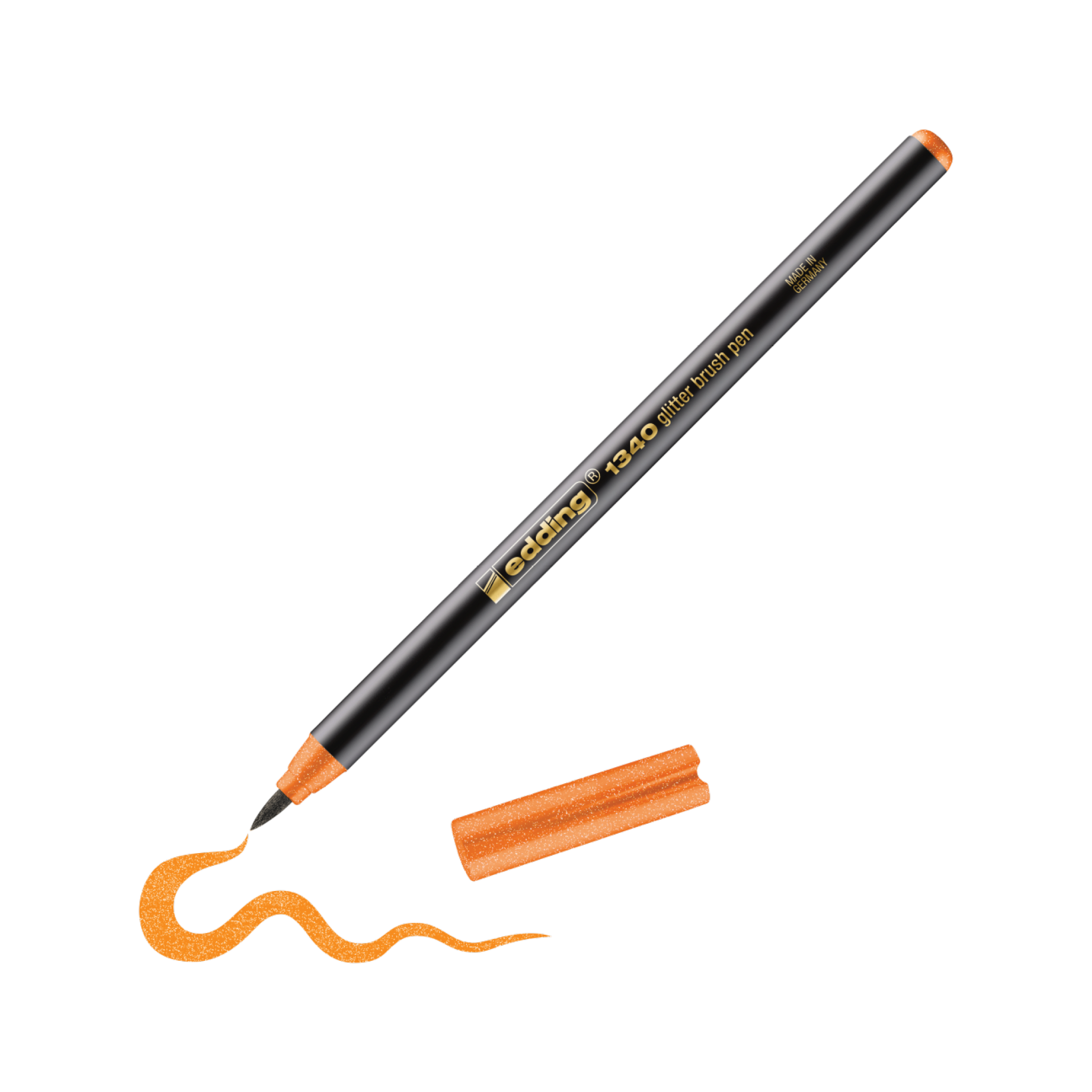 Eine realistische Abbildung eines edding 1340 Glitzer-Pinselstifts mit abgebrochener Spitze neben einer gezeichneten Wellenlinie, die eine aktive Verwendung suggeriert. Der Stift trägt die Aufschrift „Caran d'Ache Luminance 6901“.