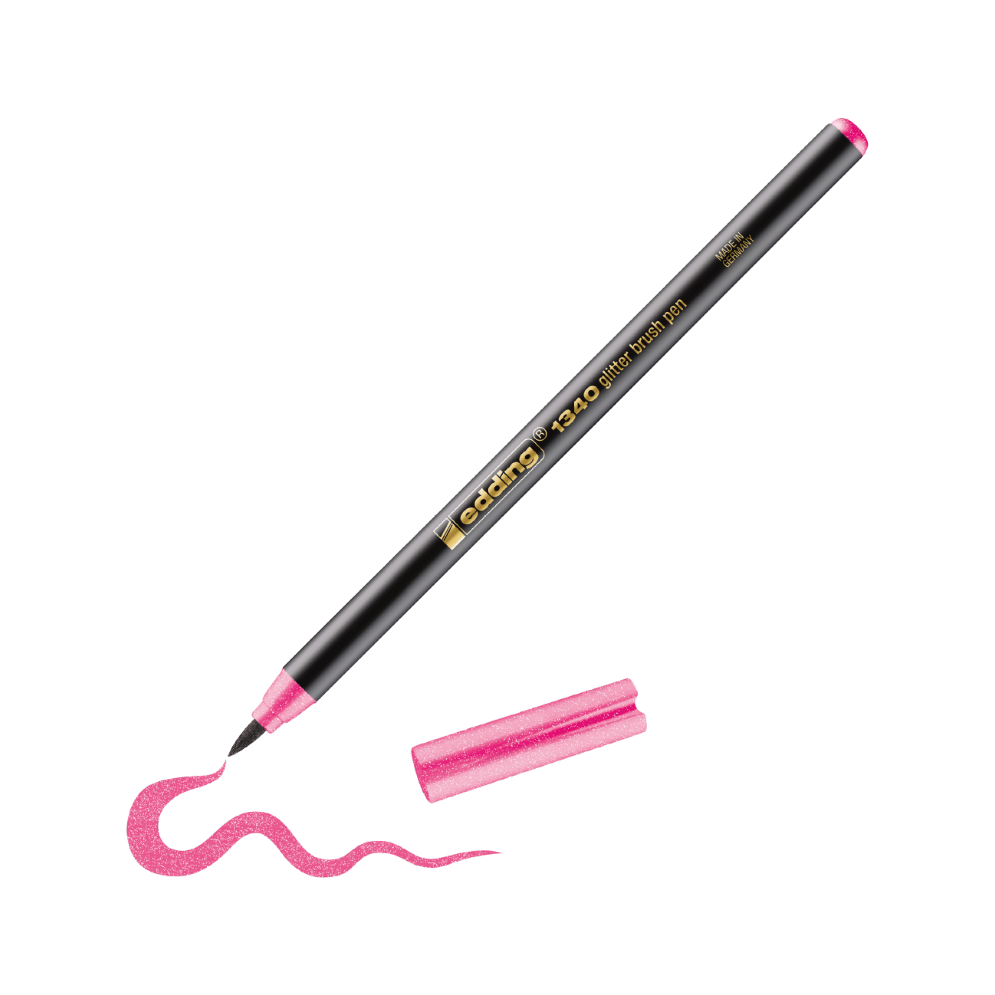 Ein pinkfarbener edding 1340 Glitzer-Pinselstift mit präziser Spitze, ideal zum Handlettering, zum Zeichnen einer verschnörkelten Linie auf weißem Untergrund. Daneben befindet sich eine seitlich angebrachte Kappe.