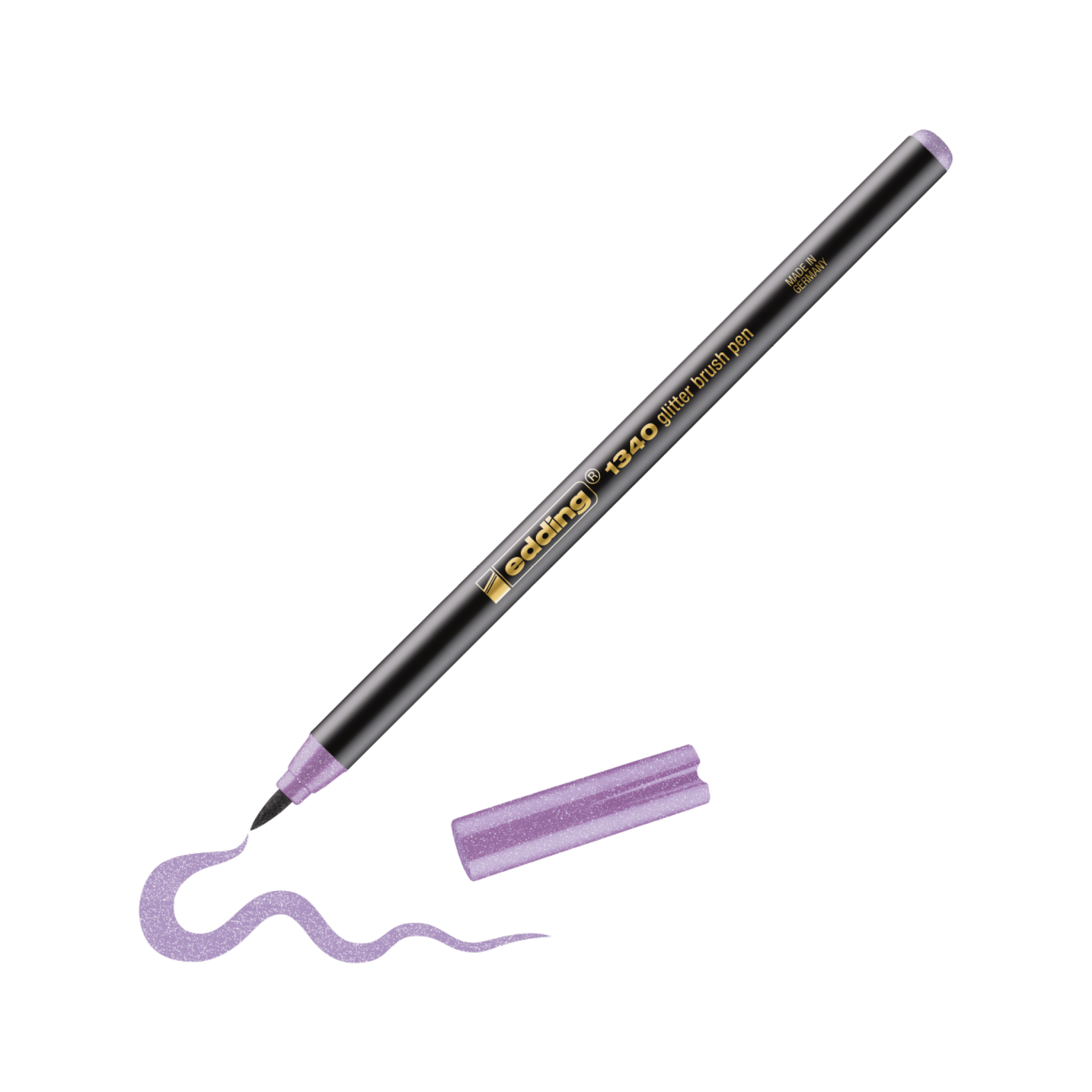 Eine realistische Abbildung eines lavendelfarbenen edding 1340 Glitzer-Pinselstifts, der eine geschweifte Linie auf einen weißen Hintergrund zeichnet, daneben platziert ist die Glitzerstift-Kappe.