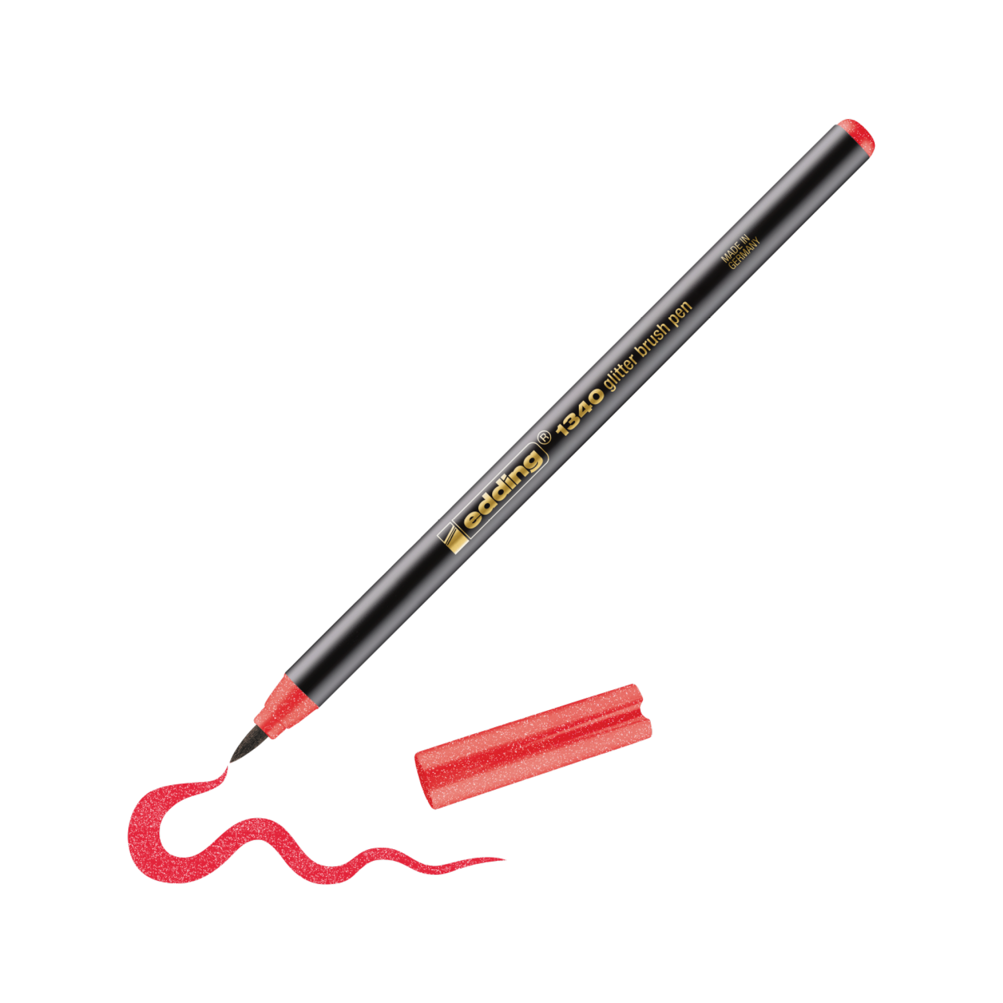 Ein diagonal liegender roter edding 1340 Glitzer-Pinselstift, dessen Spitze eine verschnörkelte rote Linie neben einem kleinen Stück roten edding Glitzerstiftes auf weißem Untergrund zeichnet.