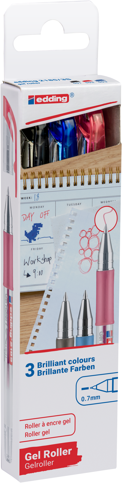 Das edding 2185 Gelroller 3er-Set von edding enthält blaue, schwarze und pinke Stifte mit extra feinen 0,7 mm Spitzen; die Verpackung zeigt Stiftabbildungen und ein Spiralnotizbuch mit handschriftlichen Notizen.