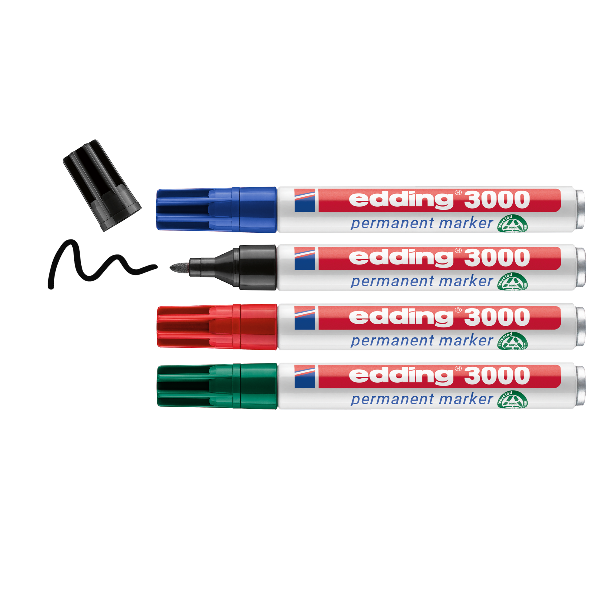 Vier edding 3300 Permanentmarker im 4er-Set von edding in Blau, Schwarz, Rot und Grün liegen horizontal; der schwarze Marker schreibt eine Linie, die anderen sind verschlossen. Alle Marker sind nachfüllbar.