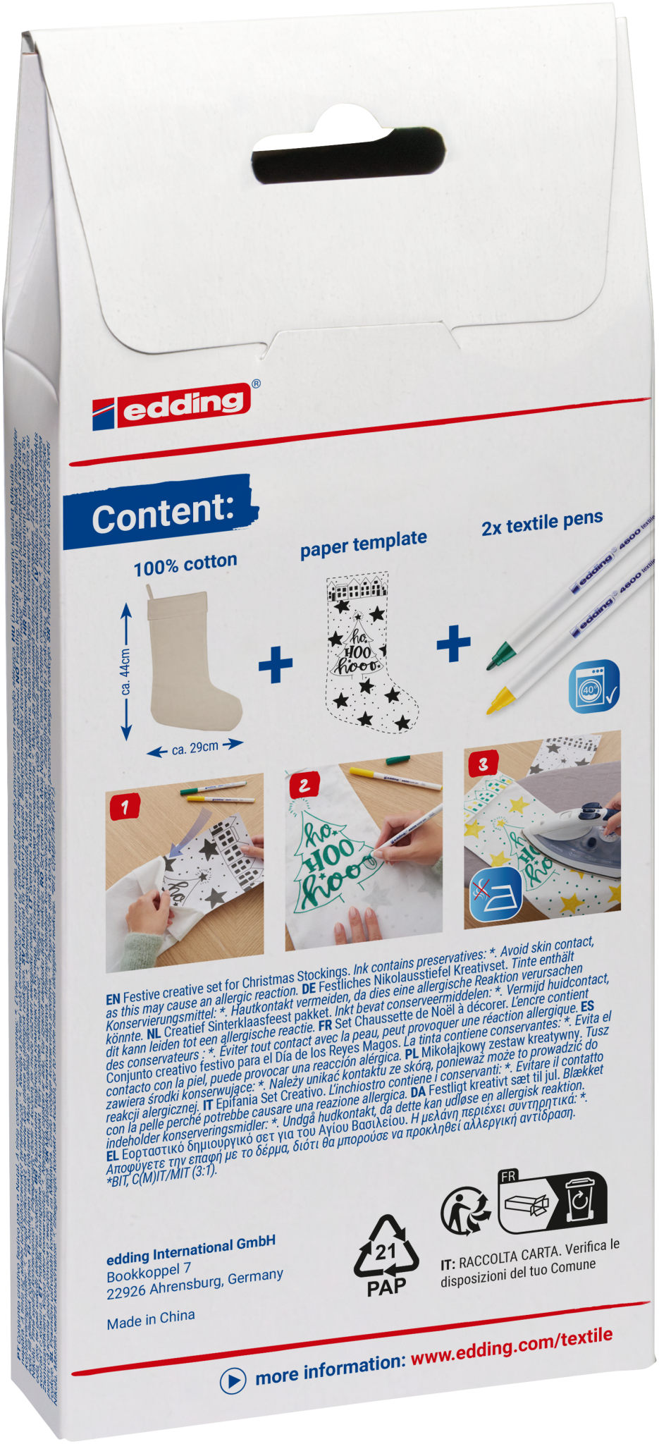 Bild der Rückseite eines edding 4600 Textilstift Kreativset Nikolausstiefel-Pakets. Der Inhalt umfasst 100 % Baumwollstoff, eine Papiervorlage und zwei Textilstifte. Die Anleitung zeigt die Schritte zum Nachzeichnen, Zeichnen und Ausmalen des Stoffes mit den mitgelieferten Materialien – eine perfekte Idee für ein personalisiertes Weihnachtsgeschenk von edding.