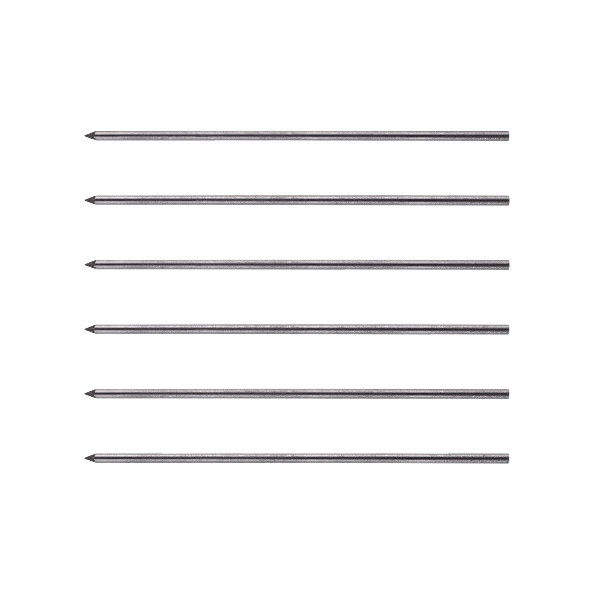 Sechs silberne, metallische, gerade Nadeln sind gleichmäßig verteilt und horizontal in einem parallelen Muster vor einem schlichten weißen Hintergrund ausgerichtet und demonstrieren die präzise Markierung, ähnlich dem hochwertigen edding 8880 Tiefloch Baumarker Set inkl. Graphit nachfüllen.