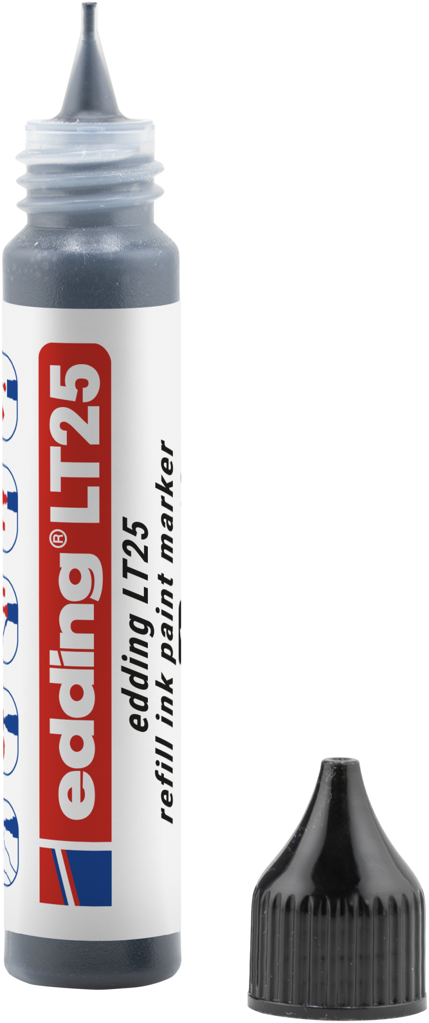 Eine Flasche edding LT 25 Nachfülltinte für den EcoLine Lackmarker mit spitzer Düse und schwarzem Verschluss. Das Etikett trägt die Marke edding sowie Produktdetails in roter, blauer und schwarzer Schrift. Passend für EcoLine Lackmarker.