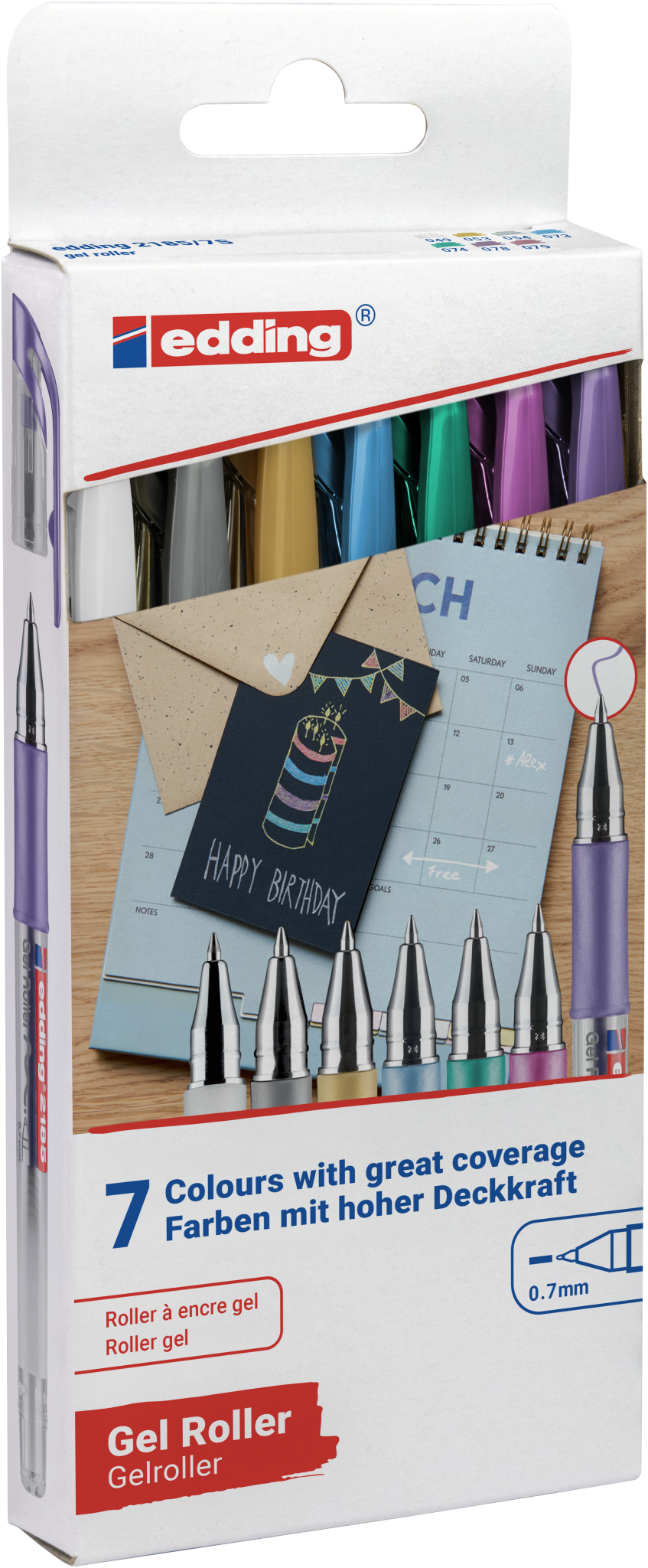 Das edding 2185 Gelroller 7er-Set von edding enthält hochwertige Gel-Tintenstifte in 7 Metallicfarben. Die Packung zeigt die Stifte, einen Kalender und eine Geburtstagskarte und unterstreicht die leuchtende Deckkraft und die präzise 0,7 mm Spitze.