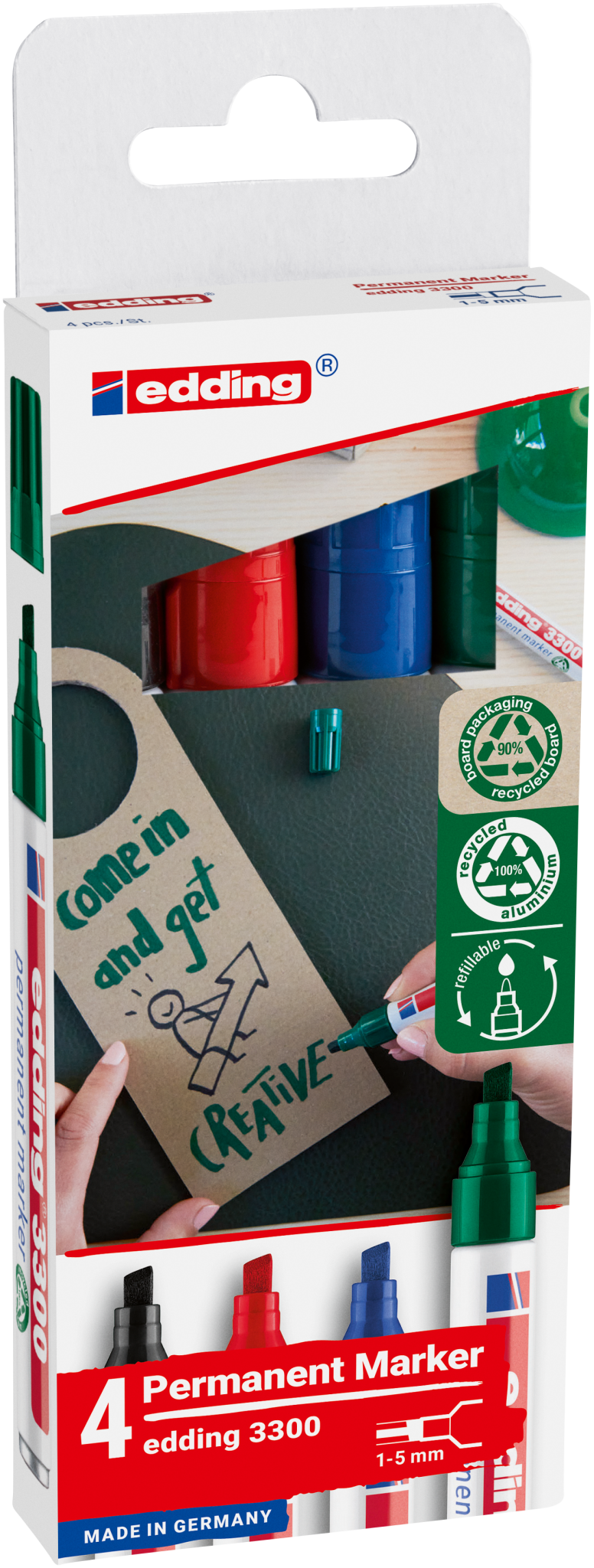 Das edding 3300 Permanentmarker 4er-Set von edding enthält schwarze, rote, blaue und grüne Marker - ideal für leuchtende, dauerhafte Ergebnisse wie z.B. "Come in and get creative" auf einem Türhänger. Nachfüllbar für eine nachhaltige Nutzung.