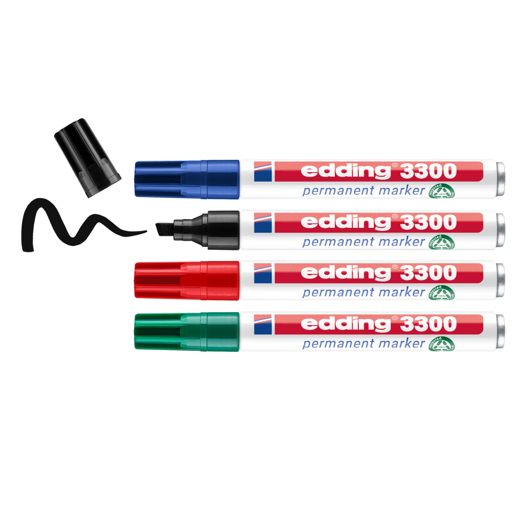 Der edding 3300 Permanentmarker 4er-Set von edding ist horizontal in den Farben blau, schwarz, rot und grün dargestellt. Die Kappe des schwarzen Markers ist mit einer Wellenlinie abgesetzt, die anderen Marker haben ihre Kappen aufgesetzt. Alle sind nachfüllbar.
