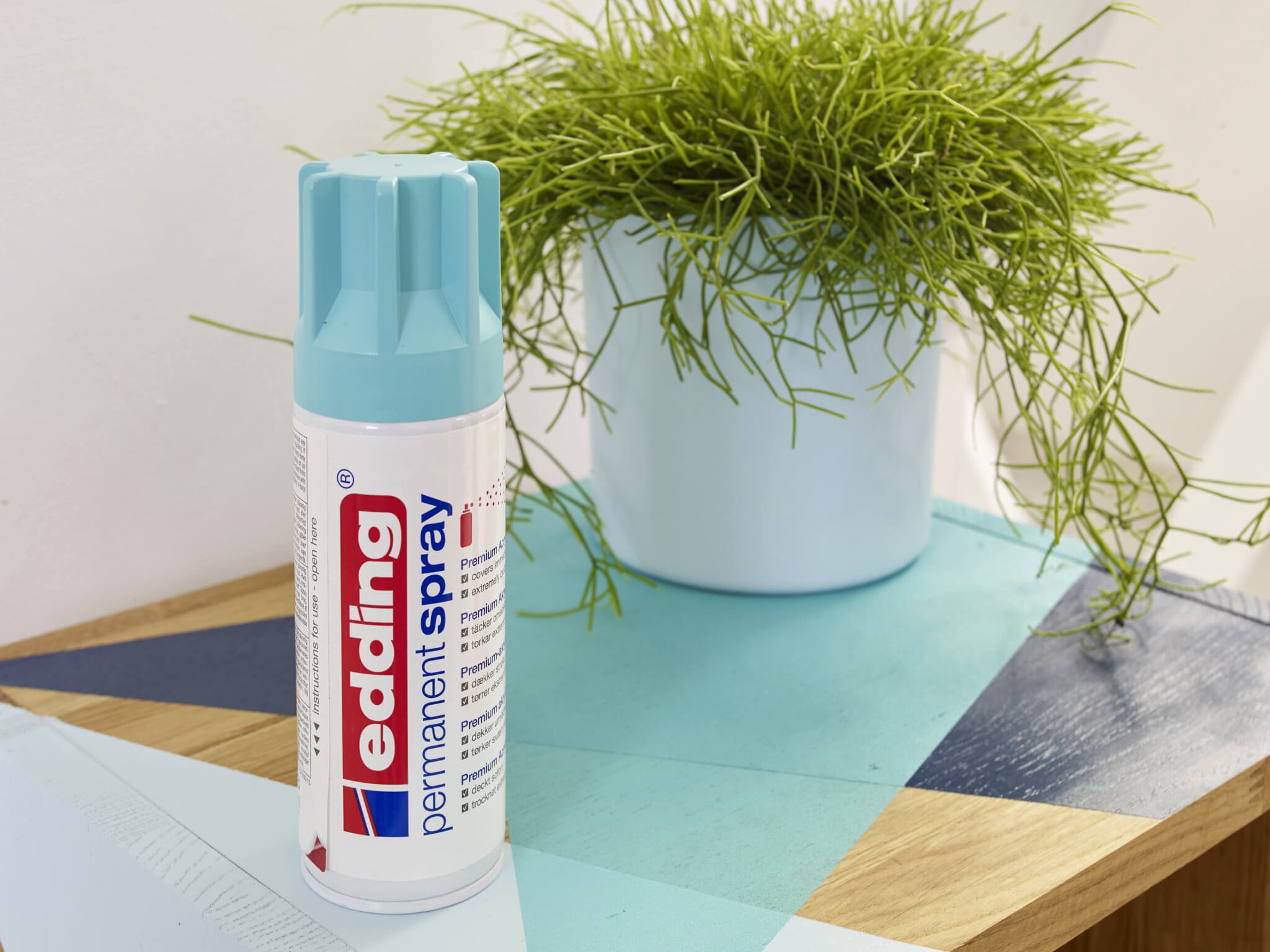 Eine Dose edding 5200 Permanentspray Acryllack Pastell & sanfte Farben steht auf einer mit einer blauen Schutzfolie bedeckten Holzoberfläche neben einer Topfpflanze mit langen, dünnen grünen Blättern.