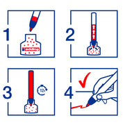 Befolgen Sie vier Schritte, um den edding FETK 25 Nachfülltinte Flipchart Effektmarker zu aktivieren: 1) Nachfüllen durch Eintauchen der Spitze in das Tintenfläschchen. 2) Wiederholtes Drücken der Spitze. 3) 12 Stunden warten. 4) Den Marker erfolgreich verwenden.