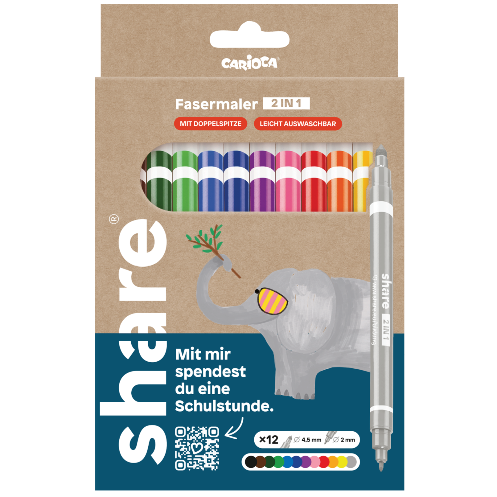 Das „share Fasermaler 2in1 12er-Set“ zeigt einen Elefanten mit Sonnenbrille und bietet 12 bunte Marker mit abwaschbarer Tinte. Es enthält den Spruch „Mit mir verbringst du eine Schulstunde“, einen QR-Code und wirbt für nachhaltigen Konsum.