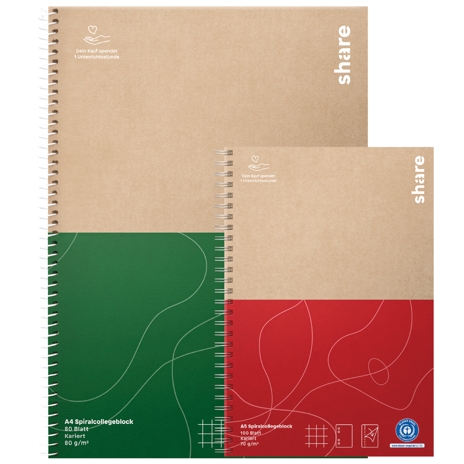An image of two share Spiral-Collegeblocks with abstract design covers. The larger one is green at the bottom, and the smaller red. Both are made from recyceltes Papier and have brown tops with "Share" on the right, reflecting umweltfreundlicher Collegeblock principles.