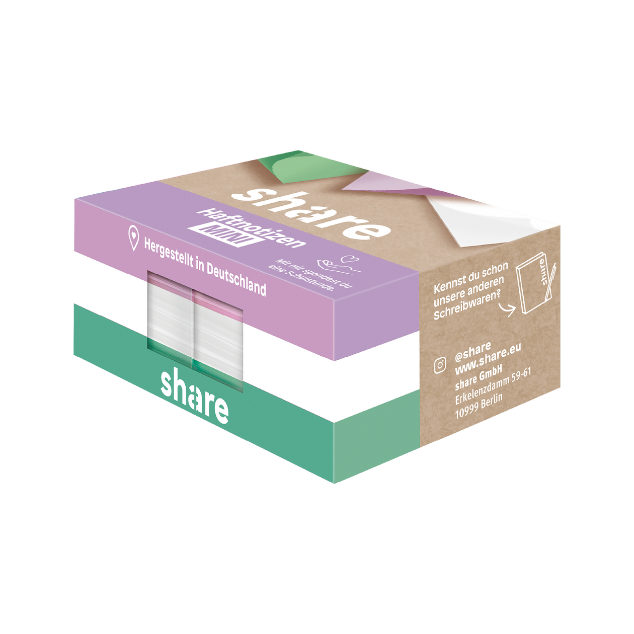 Eine Packung „share“ Haftnotizen Mini, die hervorhebt, dass es sich um ein hochwertiges Markenprodukt aus Deutschland handelt und so.
