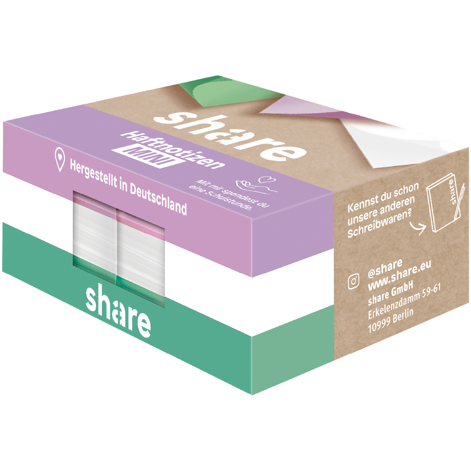 Eine Packung „share“ Haftnotizen Mini, die hervorhebt, dass es sich um ein hochwertiges Markenprodukt aus Deutschland handelt und so.