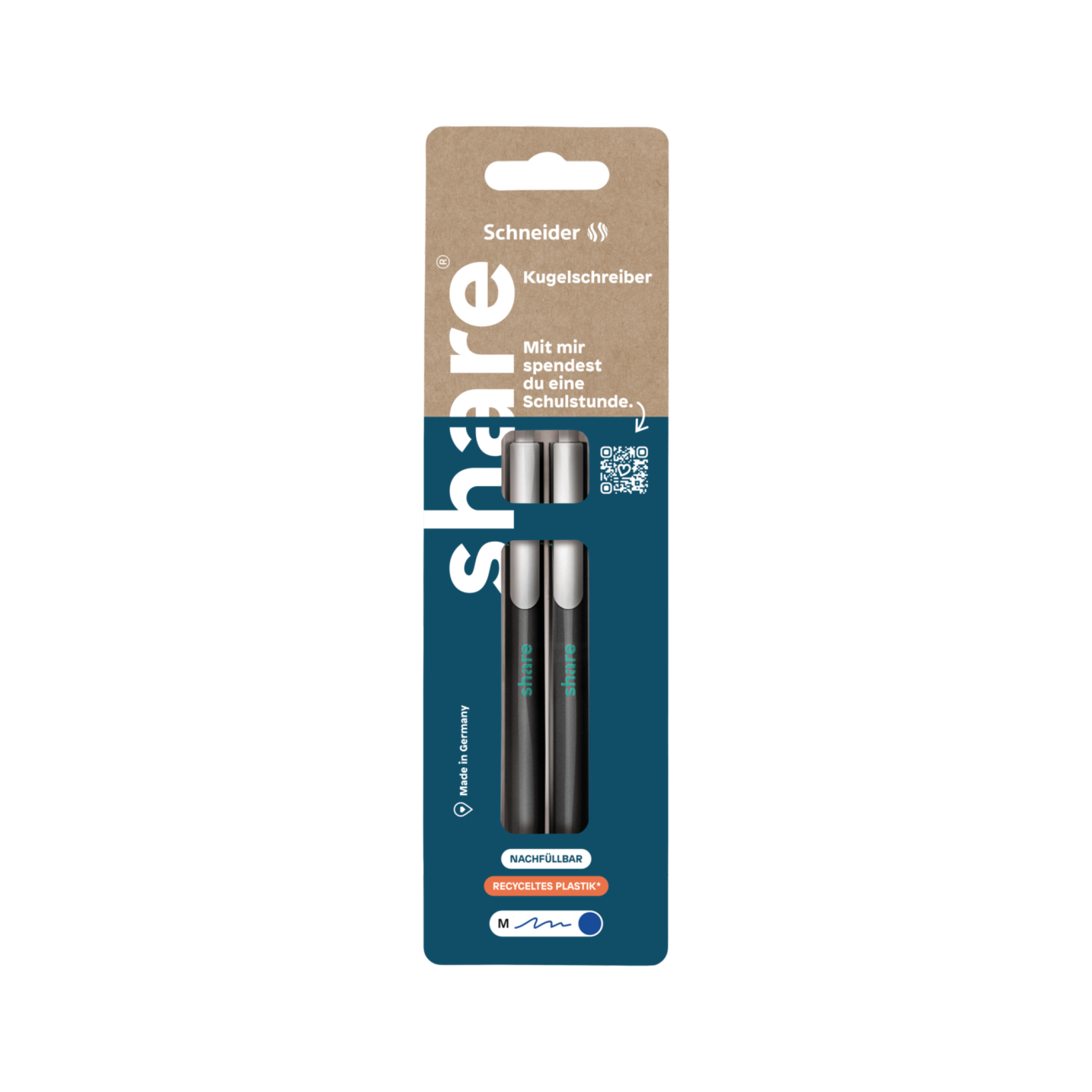 The share Kugelschreiber 2er-Set includes two sleek black pens from share, packaged with a brown and blue background and white text. Made from Recyclingmaterial, they promote nachhaltiger Konsum while maintaining style and quality.