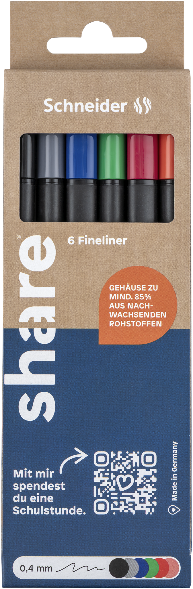 Das share Fineliner 6er-Set enthält sechs nachhaltige Stifte in den Farben Schwarz, Blau, Grün und Rot, verpackt in umweltfreundlichem share-Markenkarton mit QR-Code und Infos zu Unterrichtsstunde spenden auf der Vorderseite.