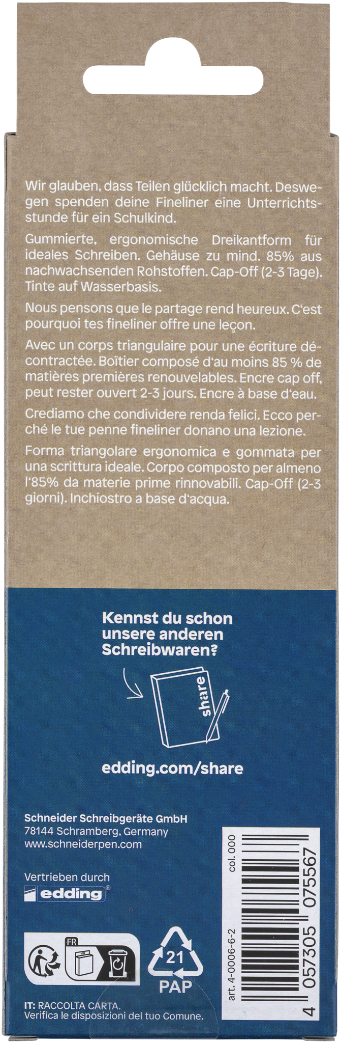 Auf der Rückseite des share Fineliner 6er-Sets befinden sich mehrsprachige Informationen zum Teilen und zur Nachhaltigkeit von share, Recycling-Symbole, ein Barcode, ein QR-Code am Boden sowie ein Diagramm, das zum Sammeln von Caps rät.