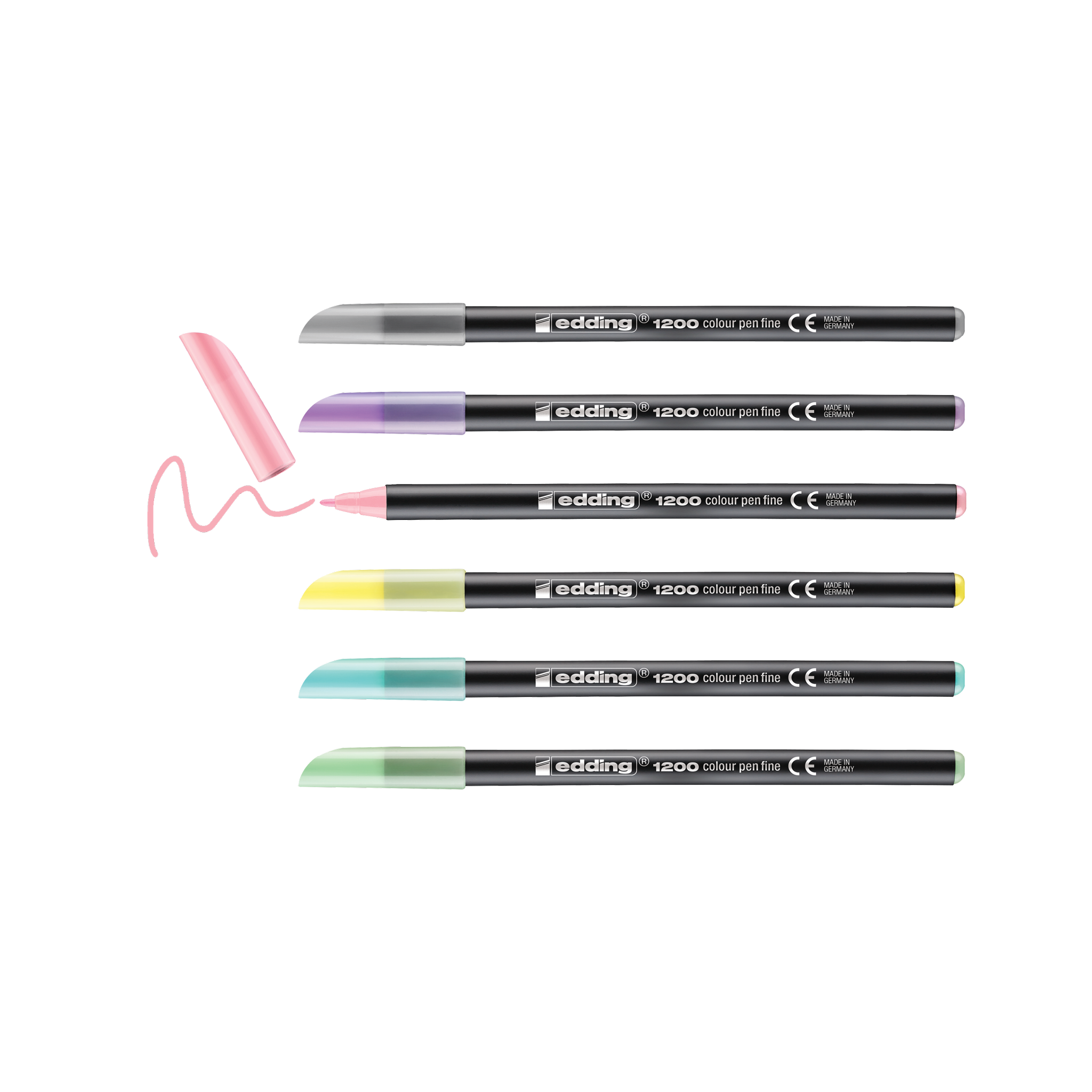 Eine Packung mit sechs pastellfarbenen edding 1200 Fasermaler fein Stiften mit den Schriftzeichen Bibi und Tina auf der Verpackung, inklusive Bonusaufkleber.