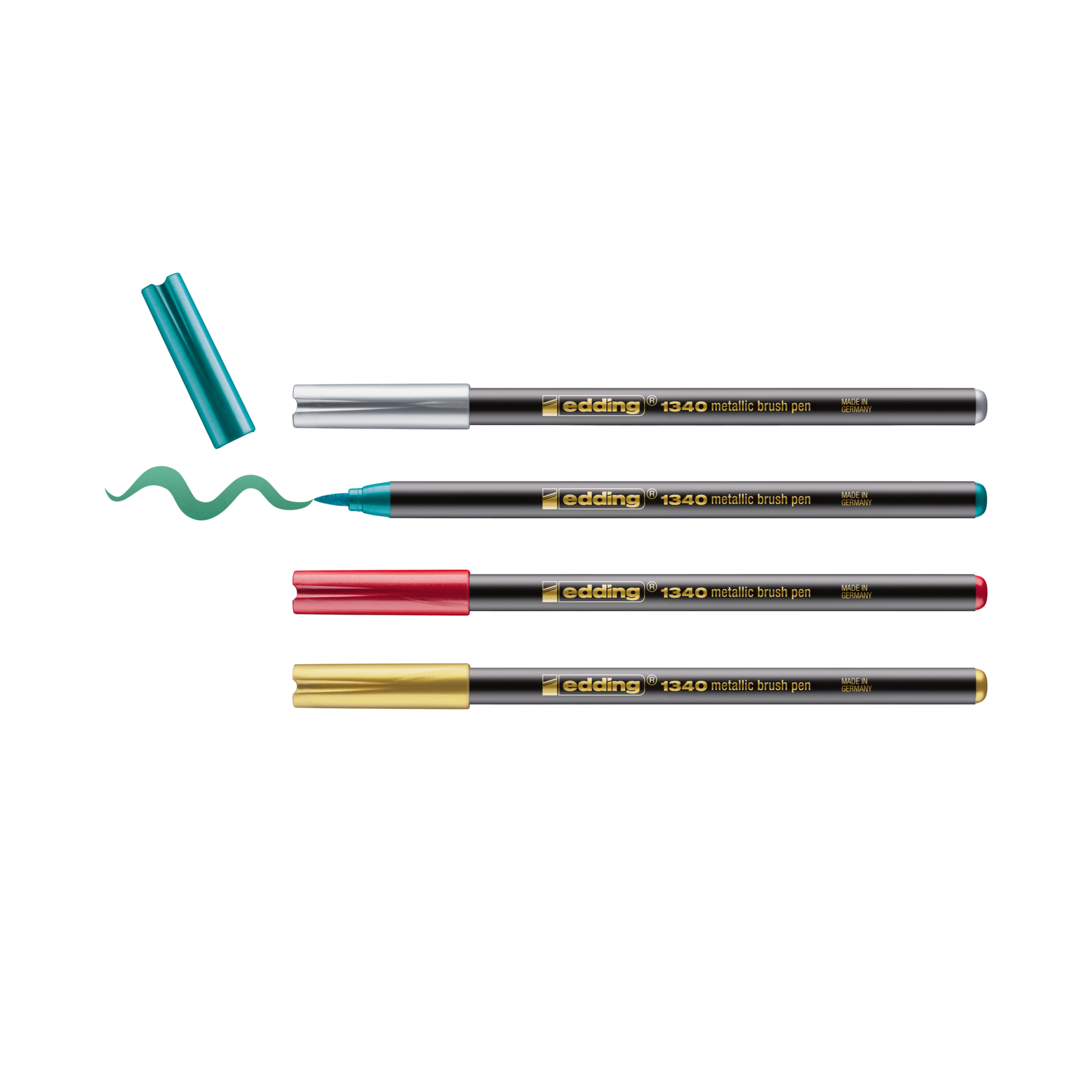 Neue Packung edding 1340 metallic Pinselstift 4er-Set XMAS mit flexibler Spitze für kreative Schriftzüge und Pinselstriche.