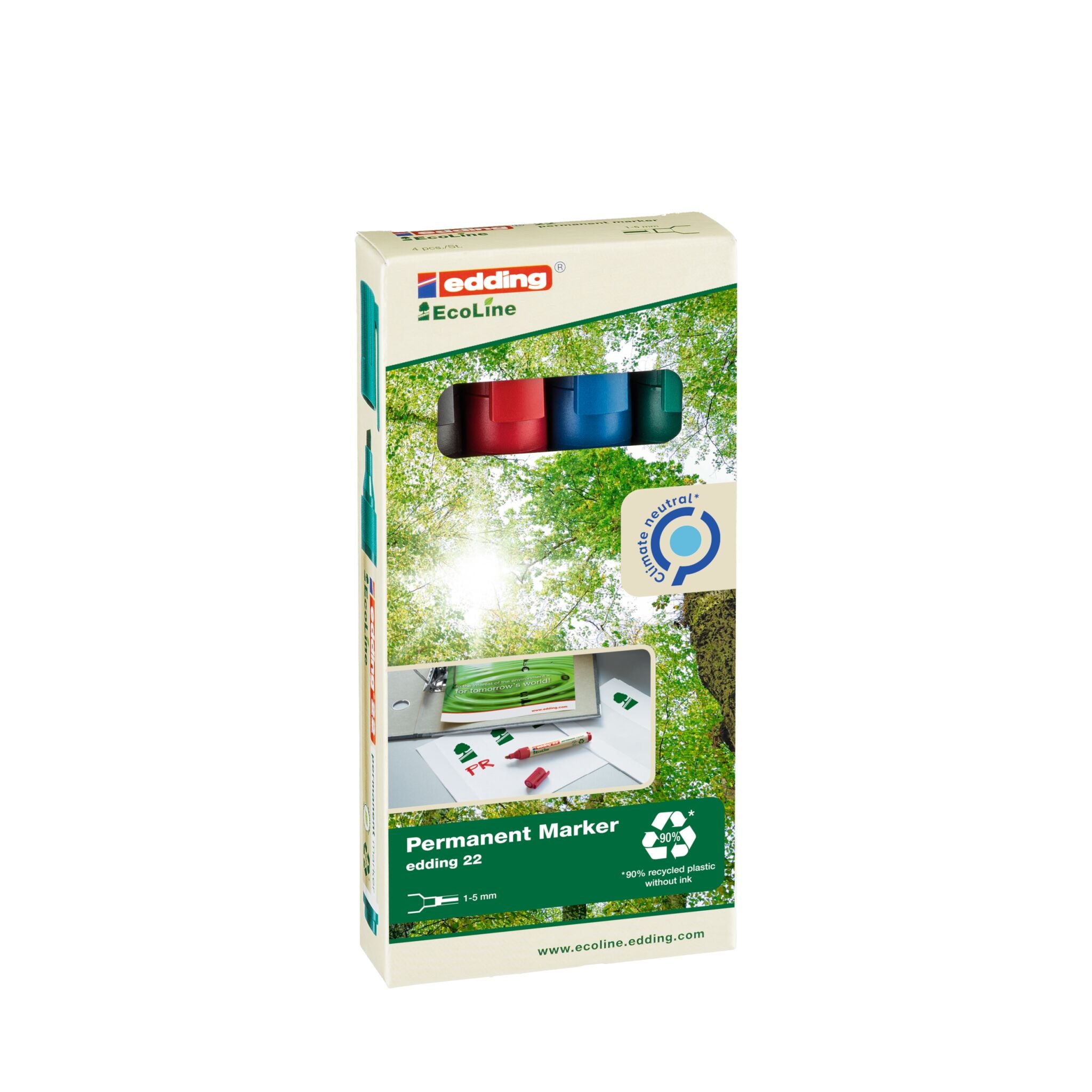Beschreibung: Verpackung für umweltfreundliche edding 22 EcoLine Permanentmarker 4er-Set, die die Marker präsentiert und mit einem grünen, blättrigen H.