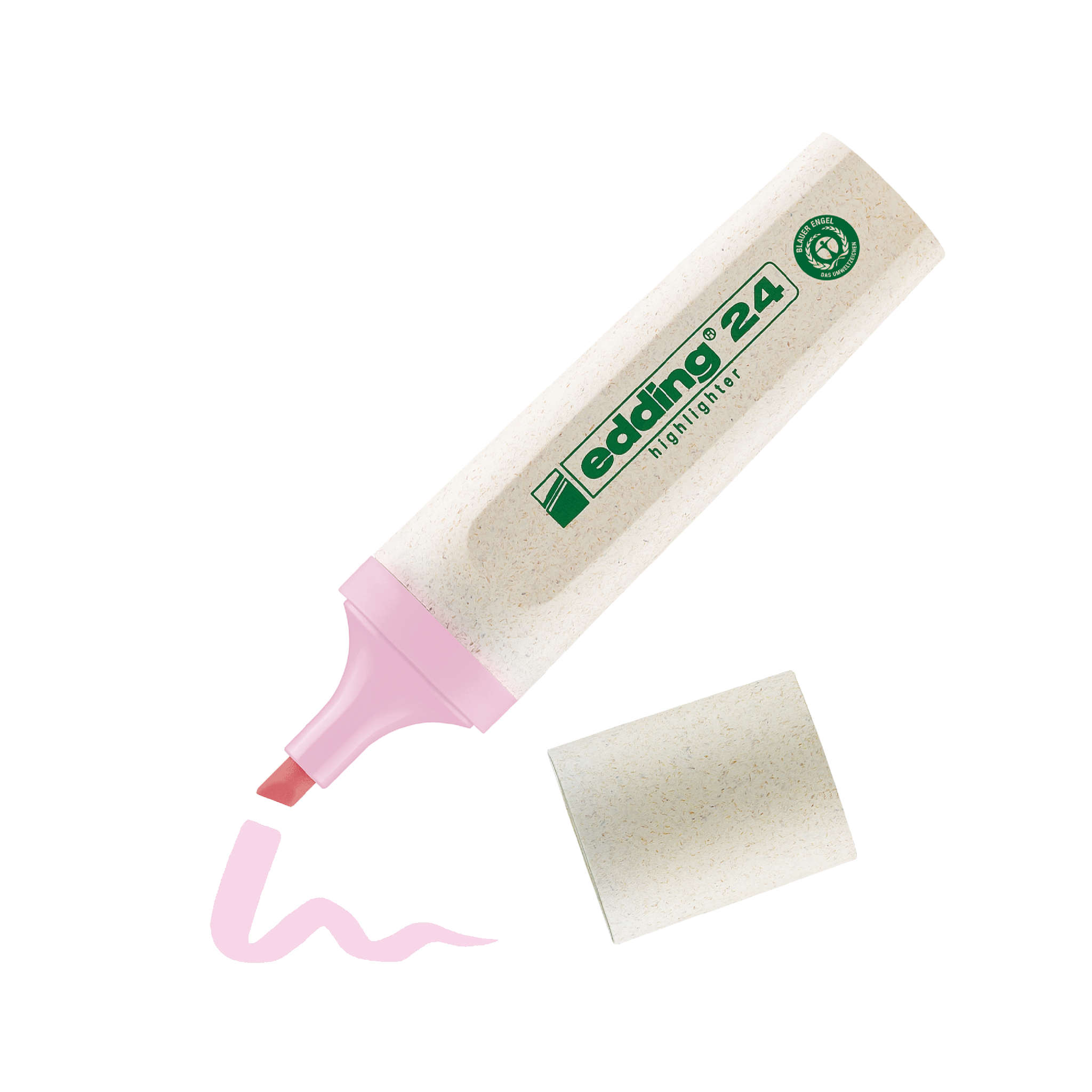 Eine Tube edding 24 EcoLine Textmarker-Creme mit einem Tupfer des Produkts neben einem Kosmetikschwamm ausdrücken.