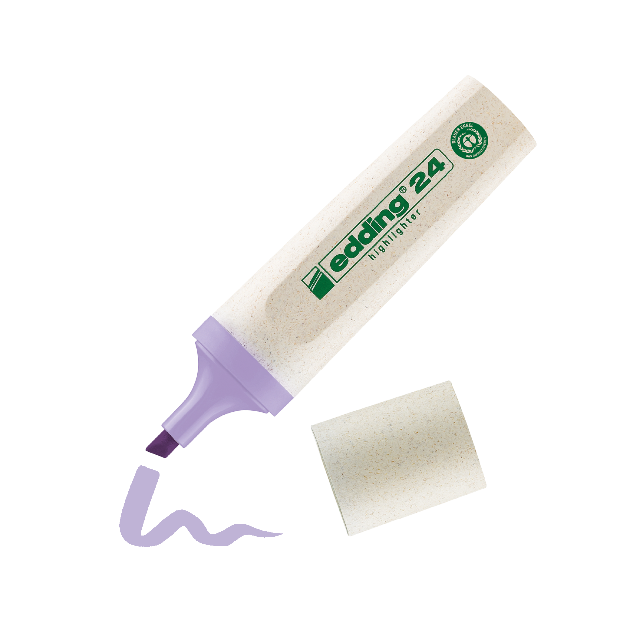 Ein umweltfreundlicher edding 24 EcoLine Textmarker mit lavendelfarbener Spitze ohne Kappe, der neben einem Farbmuster seiner violetten Tinte auf weißem Hintergrund liegt.