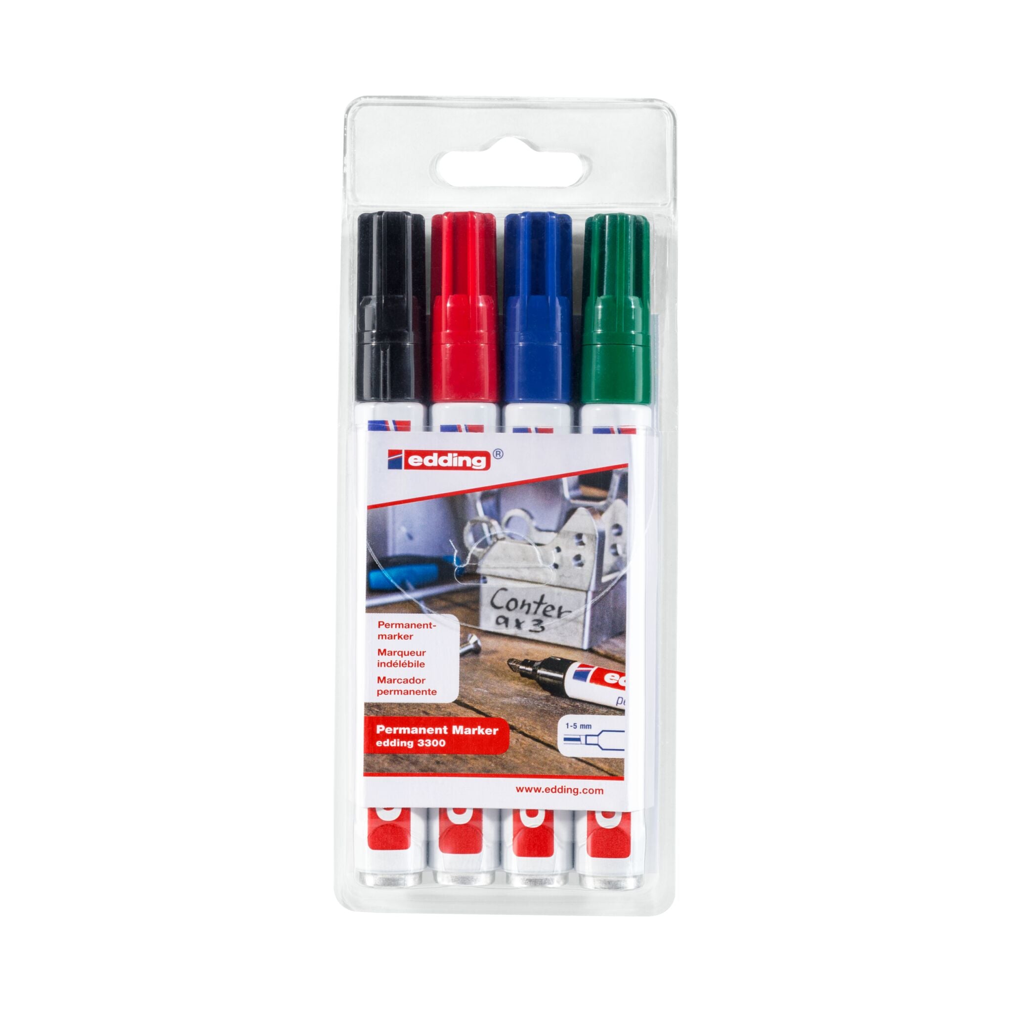 Eine Packung mit vier Permanentmarkern der Marke edding 3300 Permanentmarker 4er-Set in den Farben Rot, Blau, Grün und Schwarz, versiegelt in einer Kunststoffverpackung.