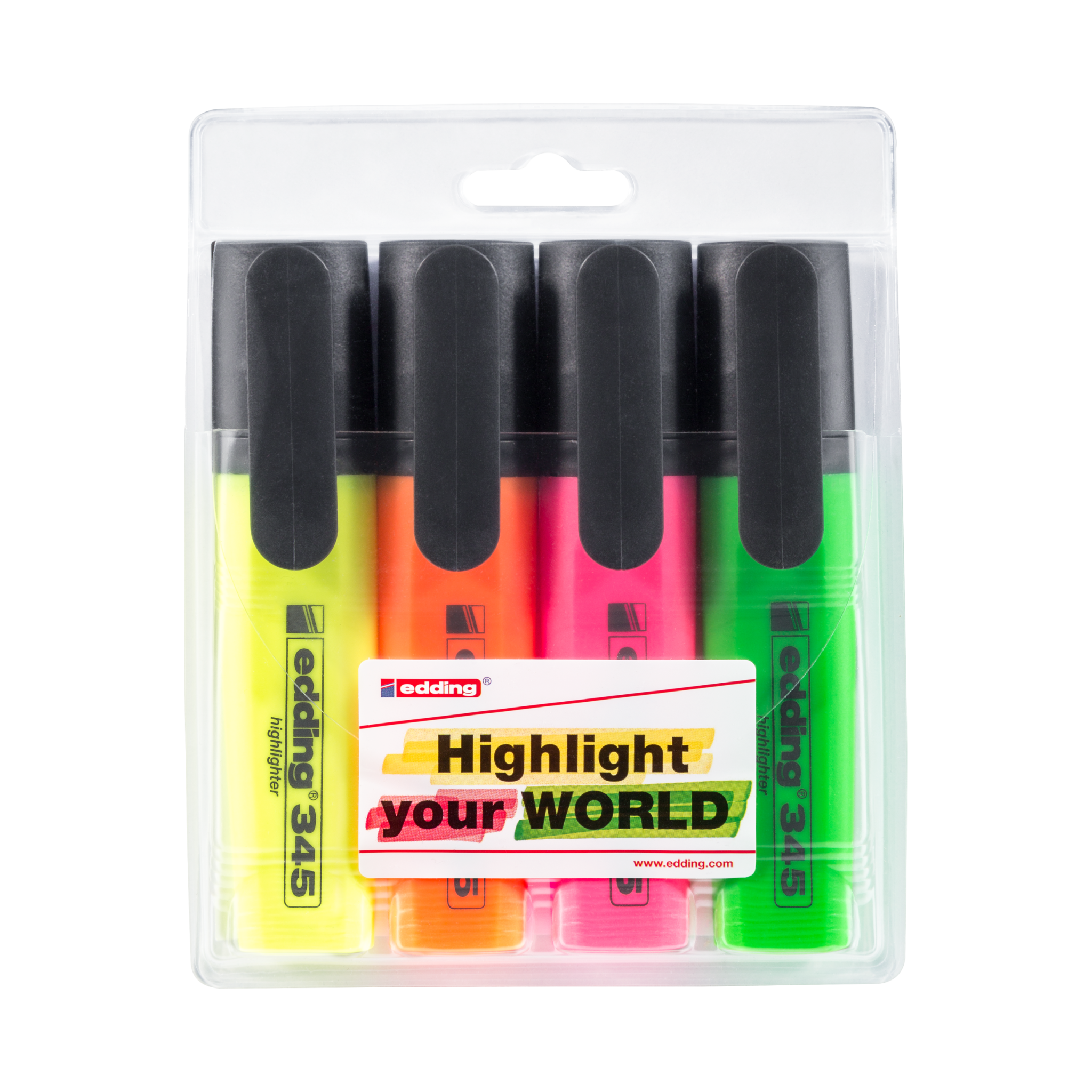 Eine Packung mit vier edding 345 Textmarker 4er-Sets in Neonfarben, versiegelt in einer Plastikblisterverpackung mit edding-Branding und Werbetext.