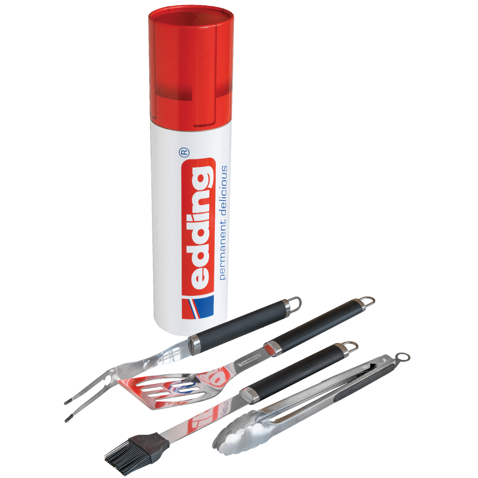 Ein weiß-roter, zylindrischer edding Grillset-Permanentmarker mit seinen zerlegten Komponenten, einschließlich Kappe aus Karton