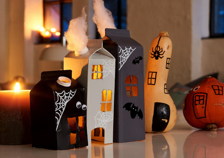 Anwendungsbild von edding 5200 Permanentspray Halloween Stadt Upcycling Milchkarton