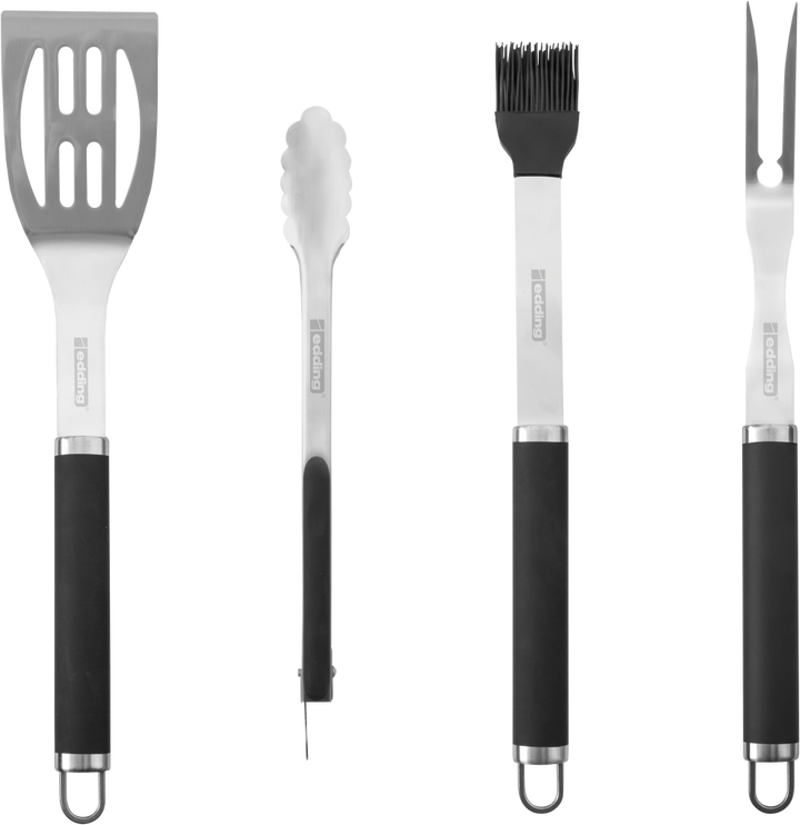 Ein weiß-roter, zylindrischer edding Grillset-Permanentmarker mit seinen zerlegten Komponenten, einschließlich Kappe, internem Tintenreservoir, Filzspitze und anderen internen Komponenten, auf weißem Hintergrund zum Markieren eines Ed.