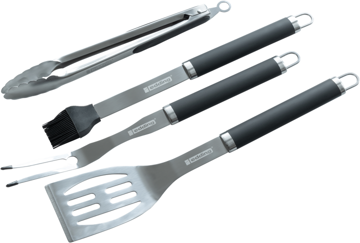 Ein weiß-roter, zylindrischer edding Grillset-Permanentmarker mit seinen zerlegten Komponenten, einschließlich Kappe, internem Tintenreservoir, Filzspitze und anderen internen Komponenten, auf weißem Hintergrund zum Markieren eines Ed.